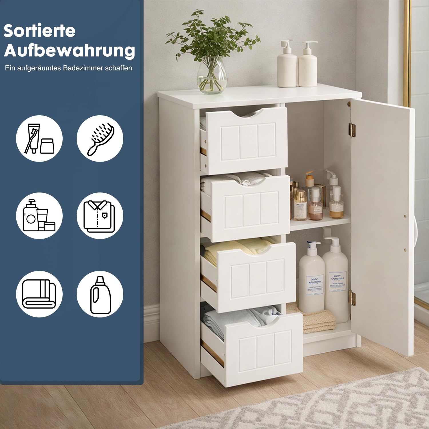 DUMOS Badezimmerschrank, MDF Kommode mit Schubladen, Badschrank Schmal Klein, Beistellschrank mit 4 Schubladen, 60 x 28.5 x 81 cm, für Badezimmer, Wohnzimmer, Schlafzimmer, Esszimmer, Küche, Weiß