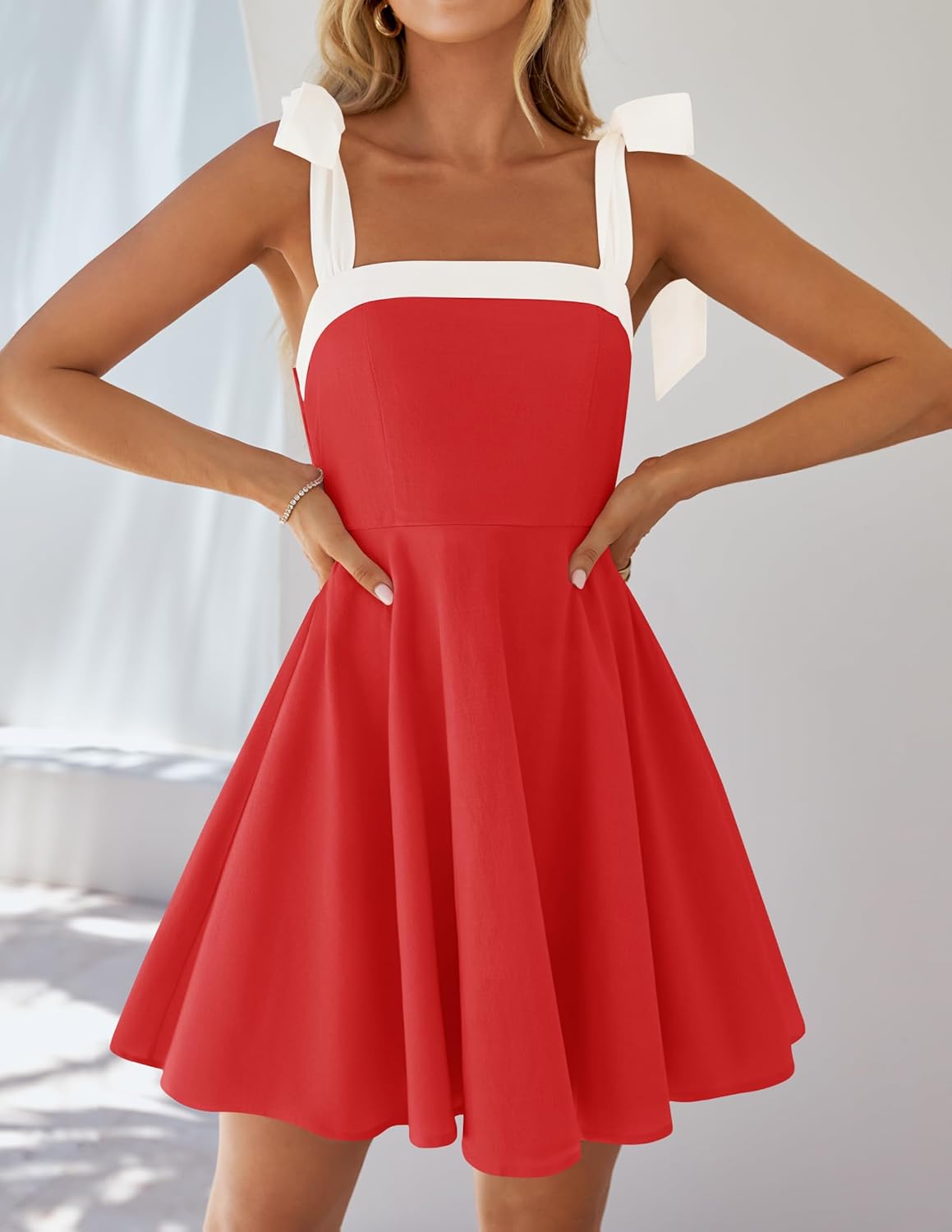 ZESICA Womens Summer Sleeveless Mini Dress Tie Shoulder Square Neck High Waist Swing A Line Short Sundresses - Image 7