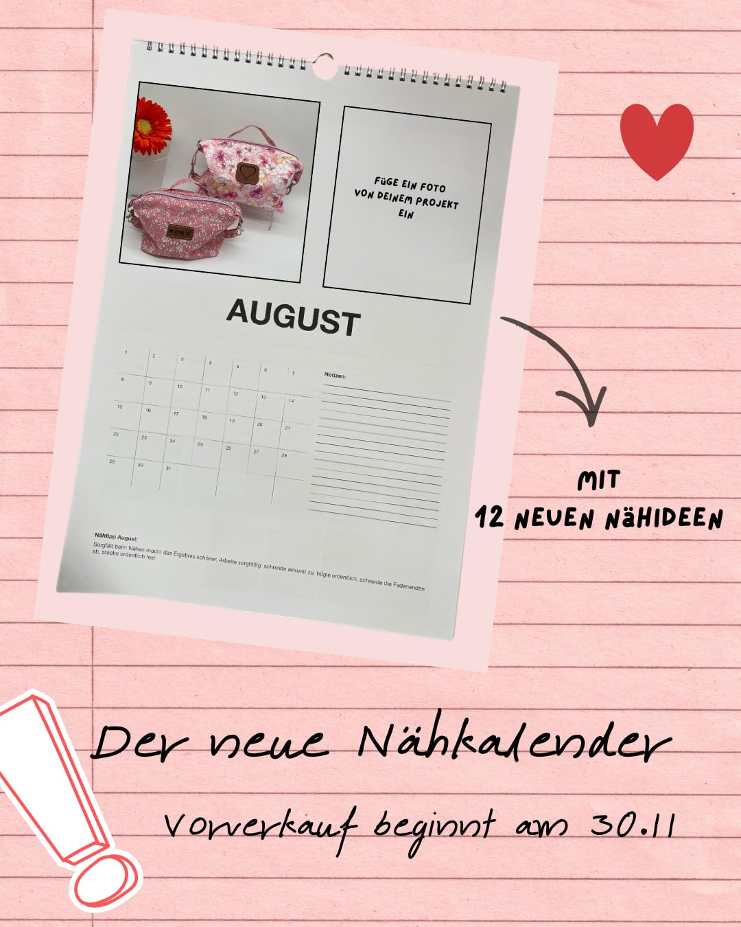 Nähkalender, Kreativ-Kalender, 12 Nähprojekte mit Schnittmustern, Saisonale Inspiration, Hochwertige Gestaltung