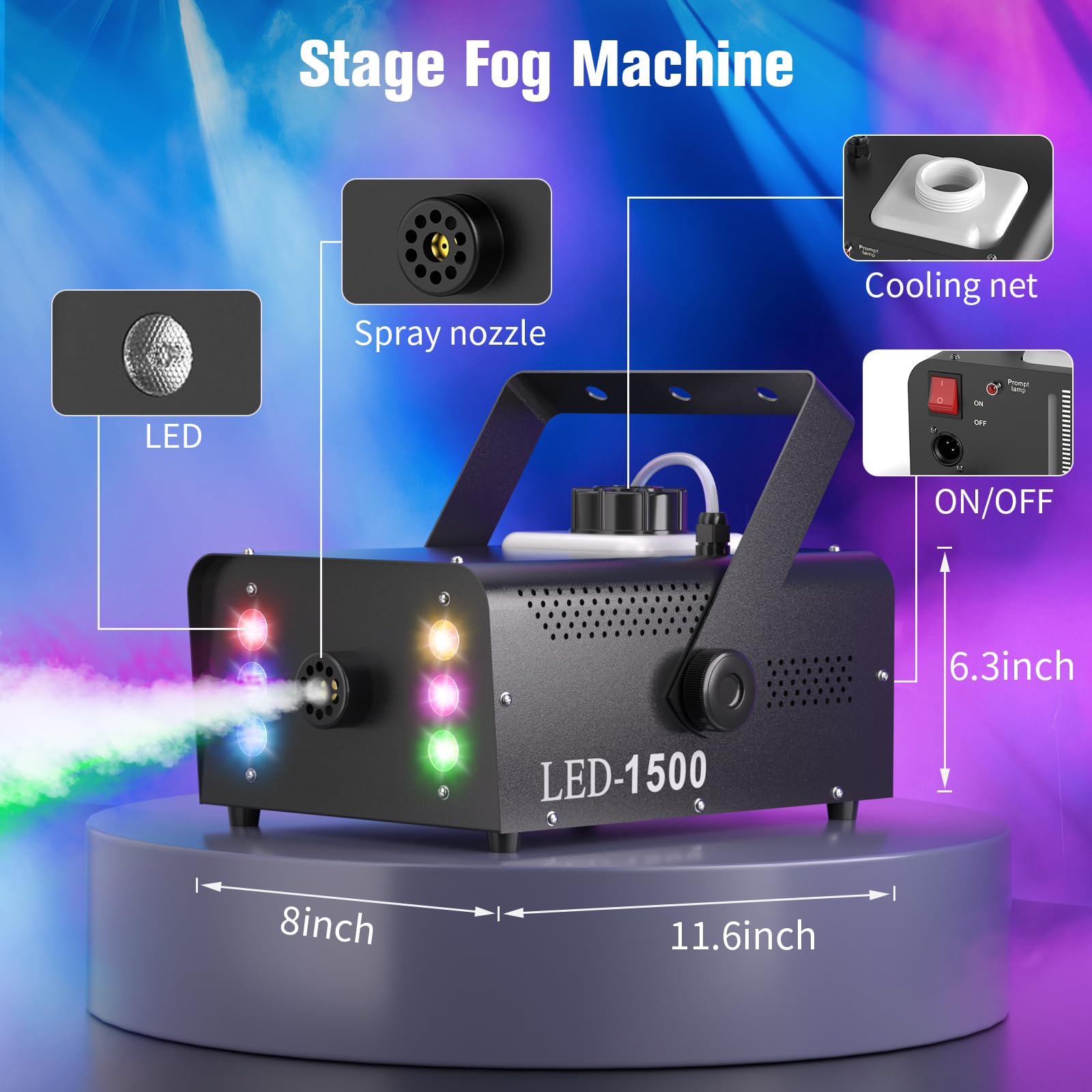 Macchina Fumo Portatile 1500W Con LED RGB – Getto 8-10m, Serbatoio 0,3L, Per DJ E Feste