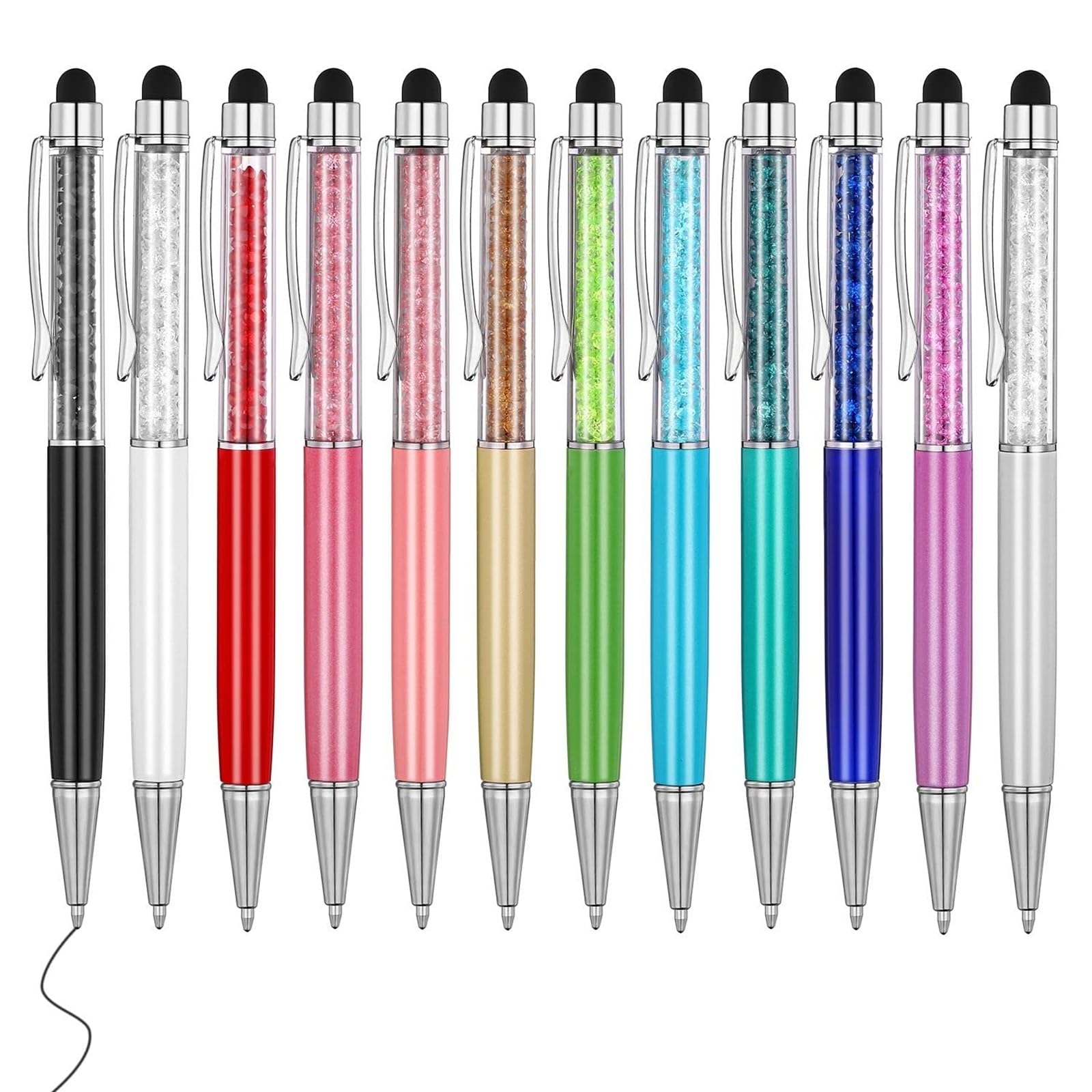 MengRan 12pcs/pack Bling Bling 2-in-1 Slim Crystal Diamond Stylus pen and Ink Ballpoint Pens (12 colors)
