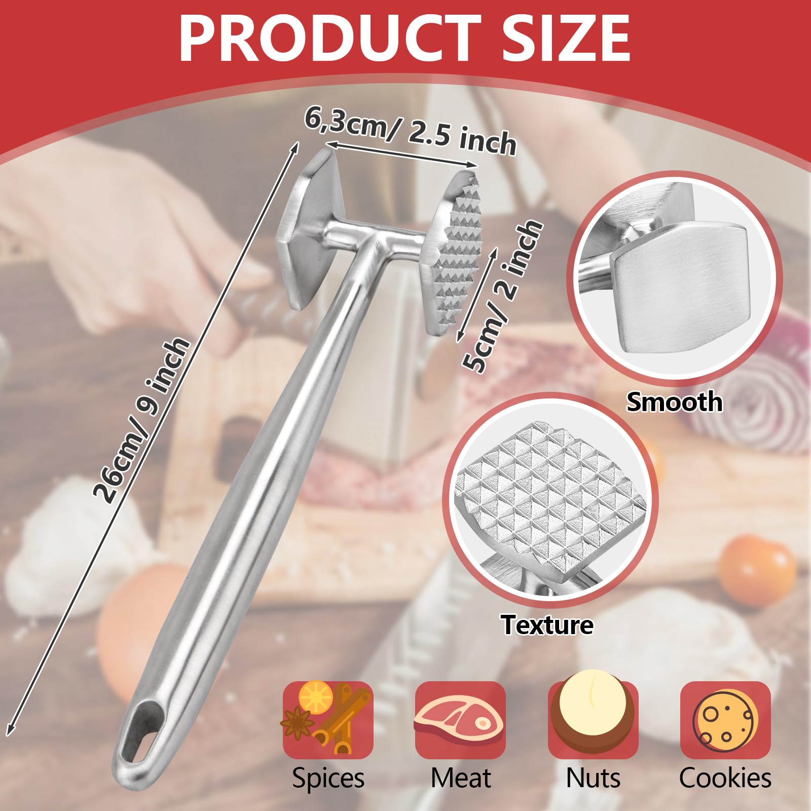 AKOLAFE Martillo Carne de Acero Inoxidable 304, Ablandador de Carne Doble Cara con Lado Liso y Texturizado, Mango Hueco 26 x 5 x 6,3 cm para Bistec, Pollo y Ternera