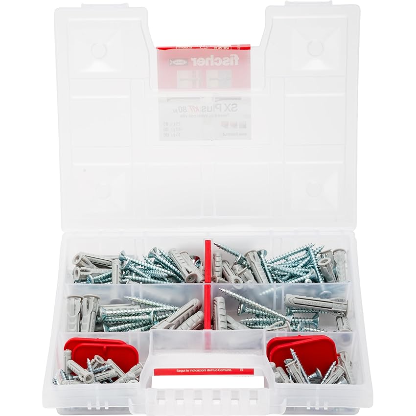 Fischer KIT SX Plus, Valigetta 80 Tasselli con Vite Assortiti per Fissaggio su Muro Pieno e Mattone Forato, 570204
