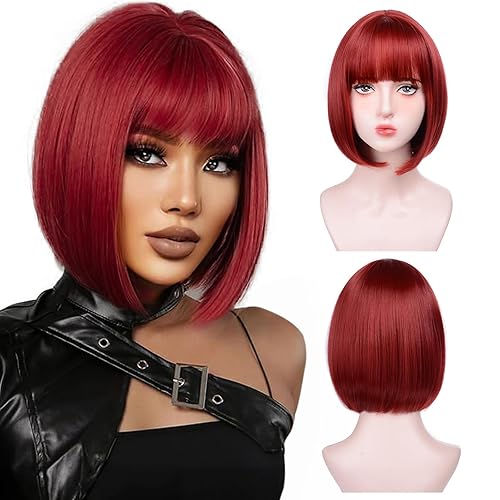 Pelucas cortas rojas con flequillo, peluca roja recta Bob para mujer, peluca sintética roja de 12 pulgadas, resistente al calor, aspecto natural y Pelucas cortas rojas con flequillo, peluca roja recta Bob para mujer, peluca sintética roja de 12 pulgadas, resistente al calor, aspecto natural y