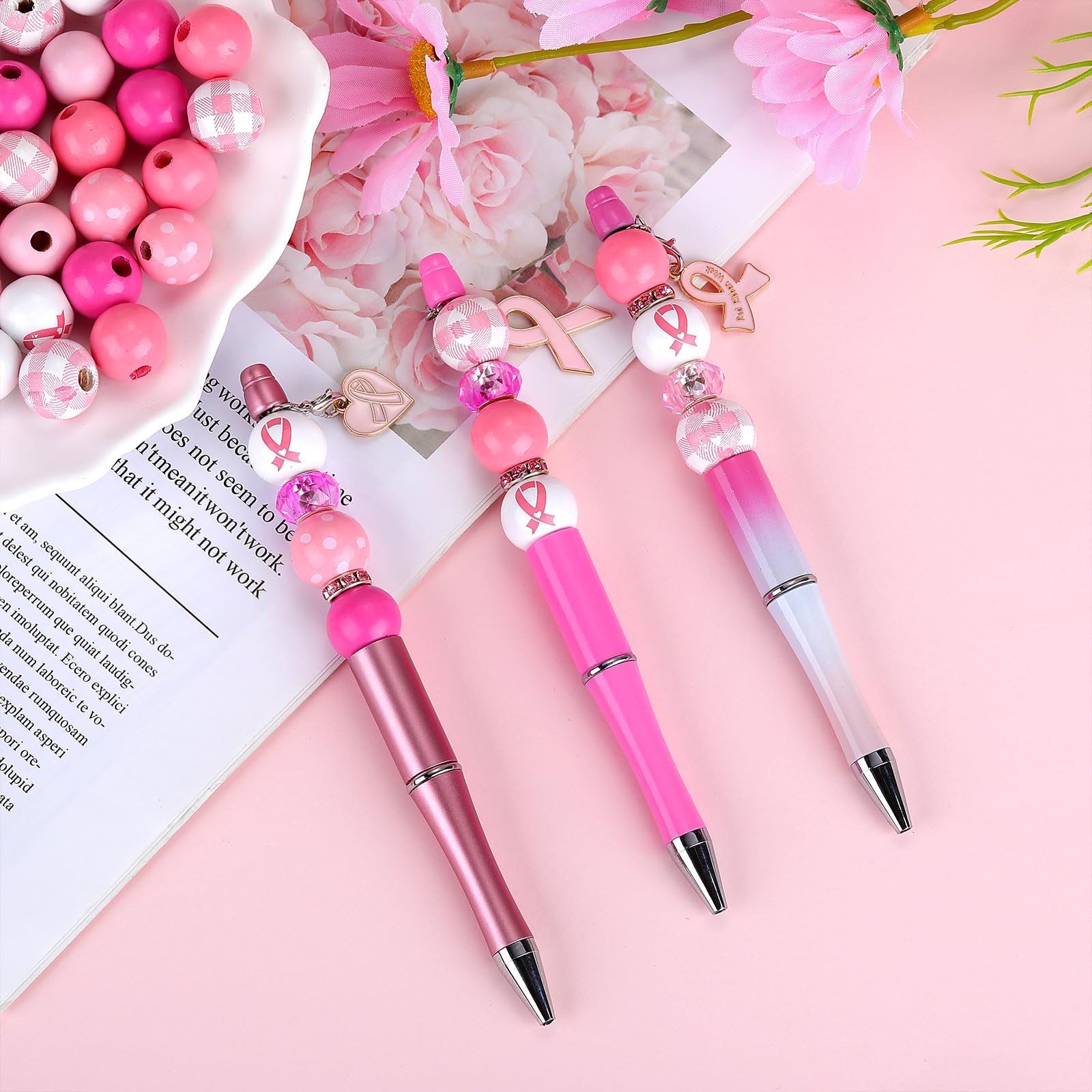 WEWAYSMILE DIY Black Ink Pens Beaded, Breast Cancer Pink Beadable Pens Sets - Image 3