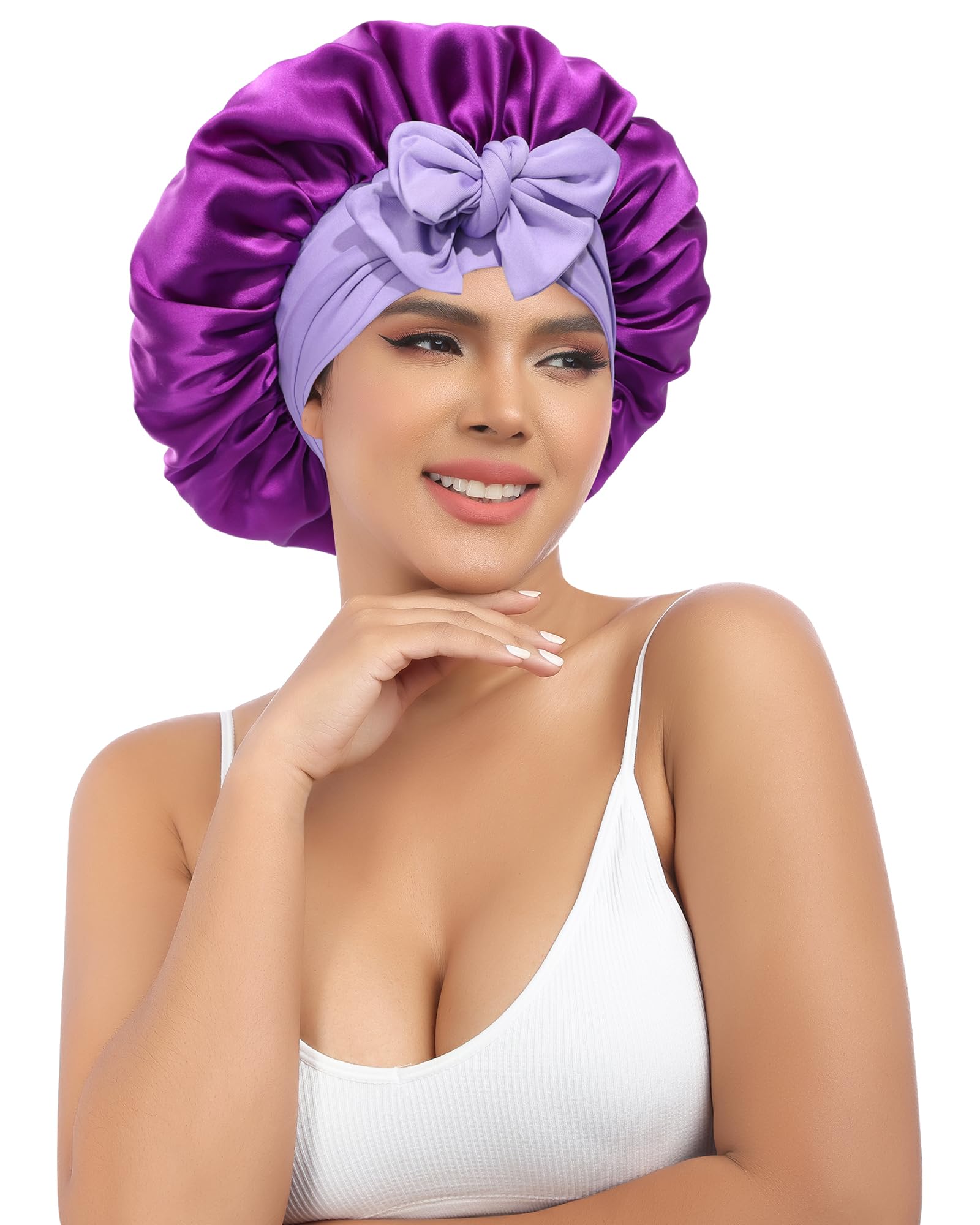 AWAYTR Silk Bonnet for Sleeping Women 100% Mulberry Silk Bonnet with Band 2 Layer Reversible Hair Bonnet Sleeping Hair Wrap (Purple/Violet)