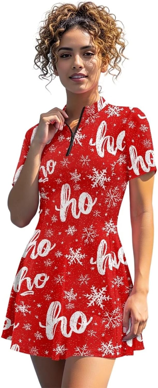 Christmas HOHOHO Womens Athletic Dress Short Sleeve Cute Golf Tennis Dress Workout Athletic Dresses for Women with Shorts Pockets 2 Piece Sets Outfits Summer Clothes
