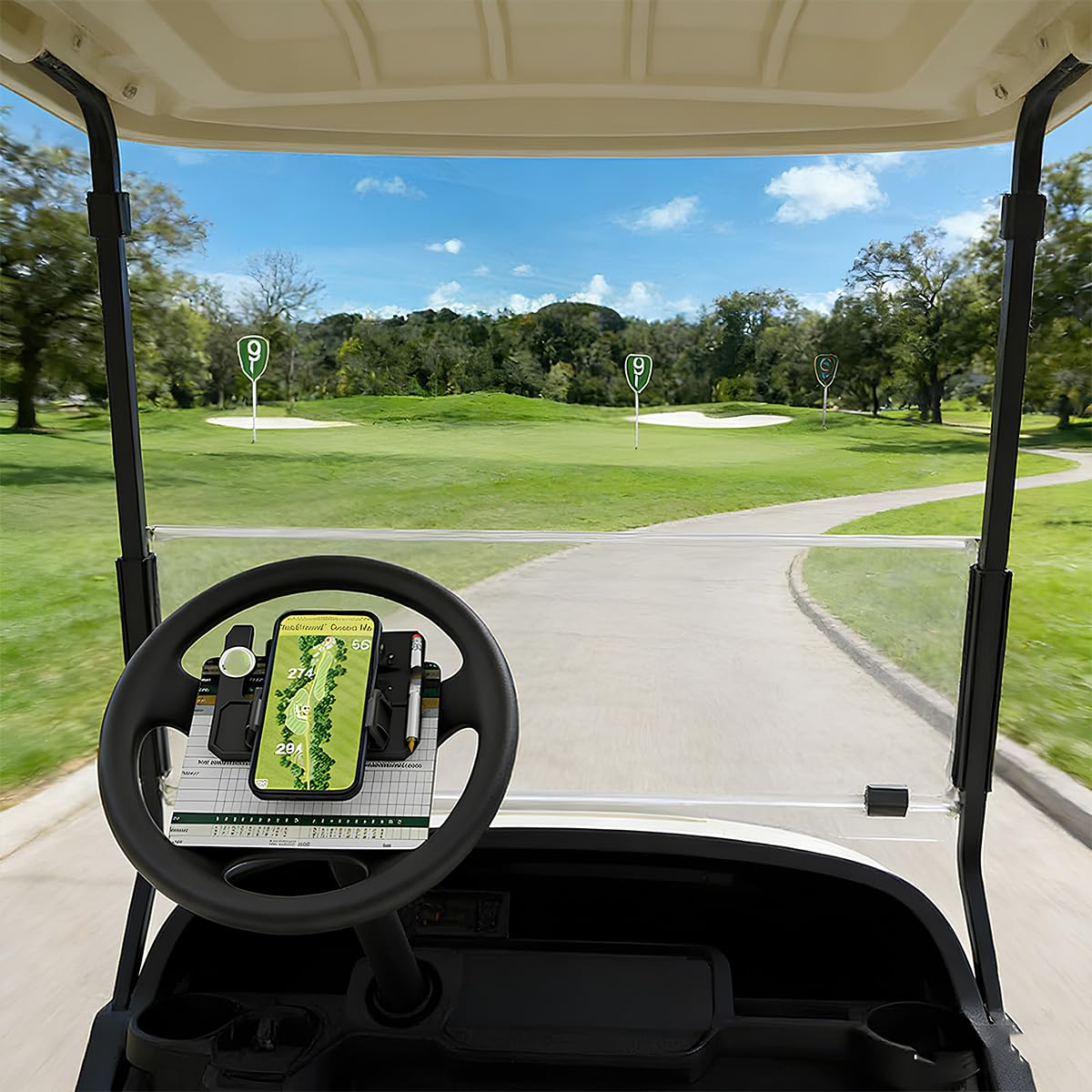 Golf Cart Steering Wheel Phone Holder, Flip Up Phone Holder with Scorecard Slot Secure Spring One‑Hand Operation Spring Quick Clamp for Club Car EZGO Yamaha — view 6