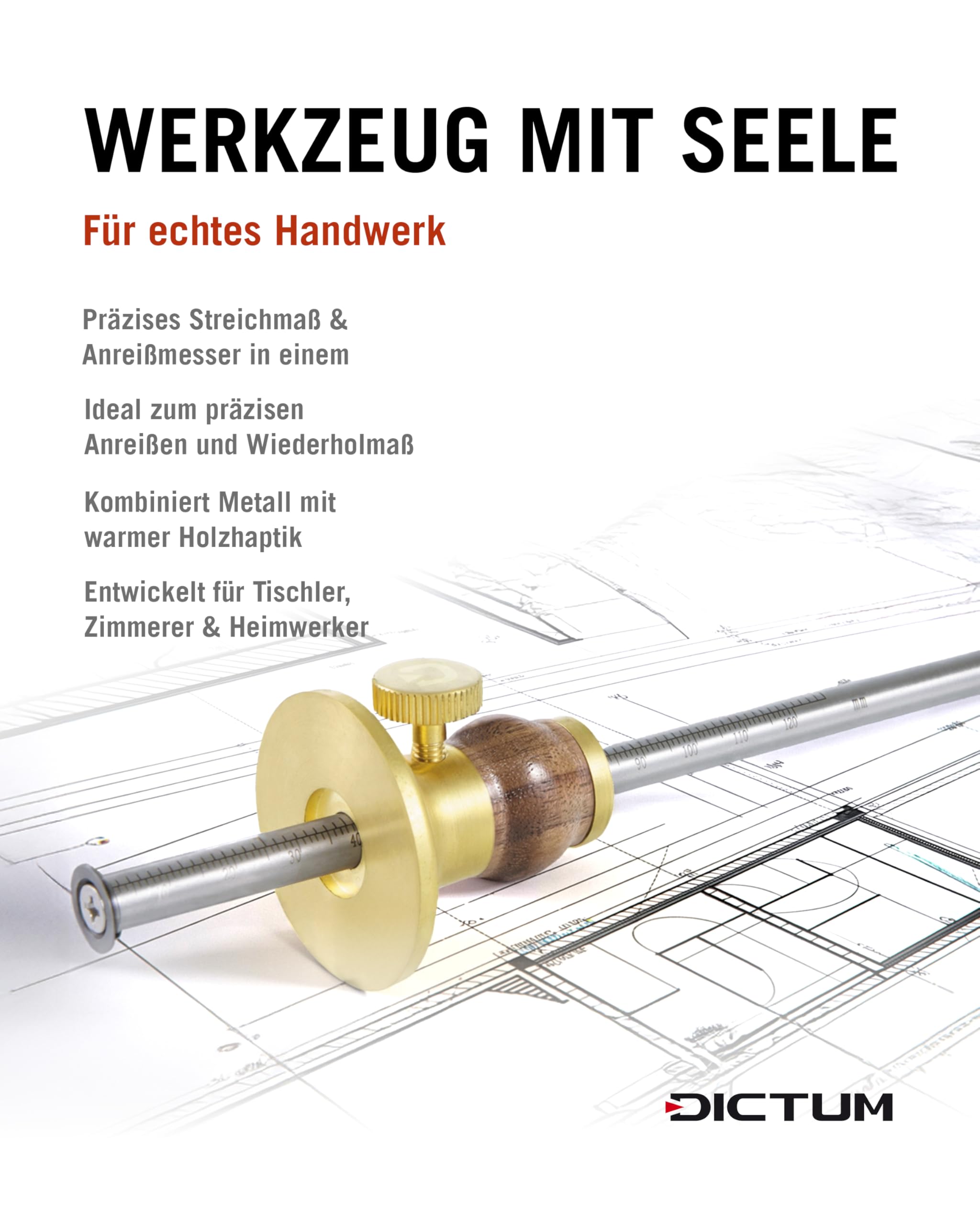 DICTUM Streichmaß Holz – Präzises Streichmass mit Metallschaft & Rundmesser | Anreißwerkzeug für Holz mit Skala, Messinganschlag & ergonomischem Griff