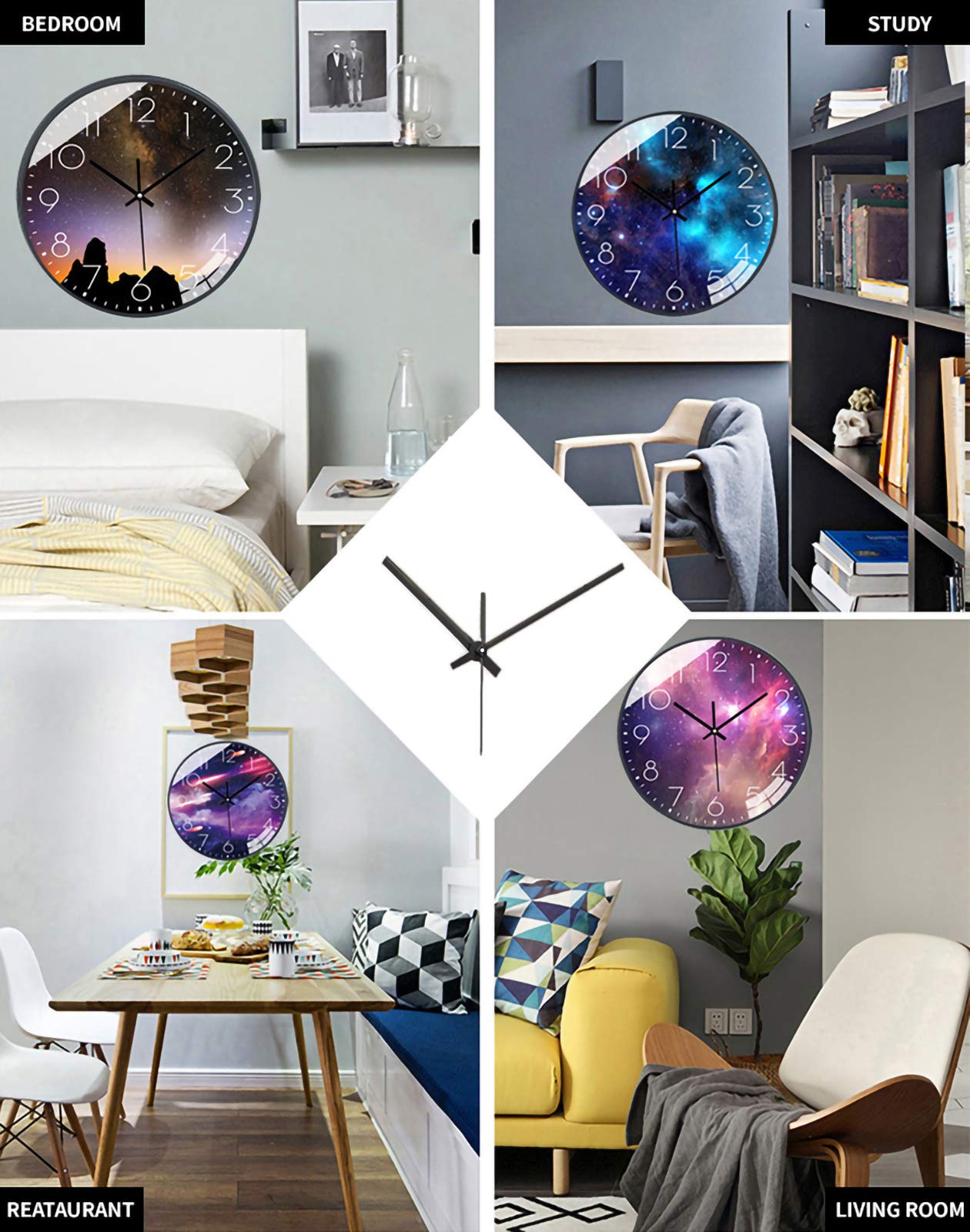 SWECOMZE Wandklok geruisloos, 25 cm, kinderwandklok, wijzerplaat met melkweg sterren ruimte sterrenhemel, 10 inch kinderwandklok decoratie voor woonkamer kinderkamer (039