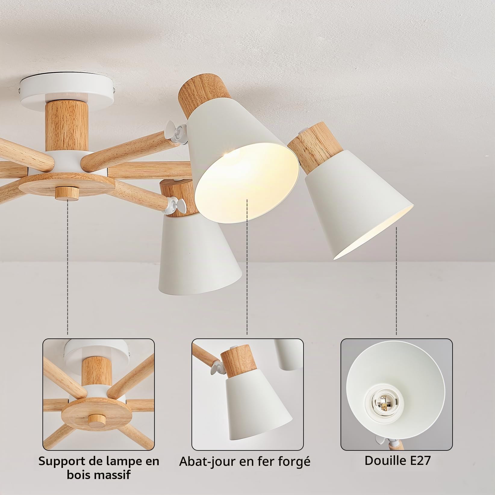 YOODI Plafonnier Moderne, 6-Lumières Lampe Plafond, Suspension, Blanc Lustre en Métal et Bois Massif E27 Base Max 40W Lampe de Plafond pour Salon, Chambre, Cuisine (Ampoule non incluse)