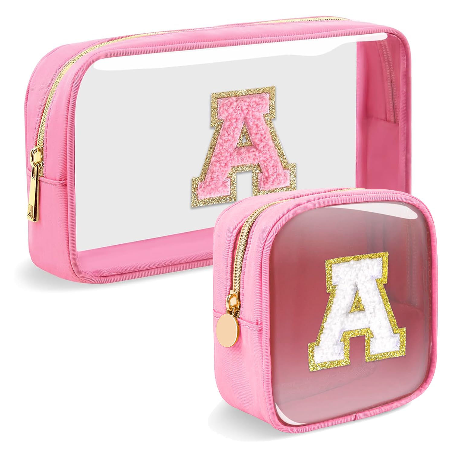 2pcs Personalized Initial Letter Clear Makeup Bag | Waterproof Nylon Preppy Cosmetic Bag | Travel Toiletry Bag | Monogrammed Gifts for Women Girl | Wedding Bridal Shower Gifts for Bridesmaids(Pink A)