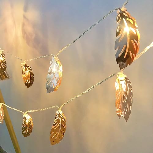 Vista 21 de Guirnalda de luces LED de plumas de oro rosa, farol de hojas de metal, funciona con pilas, luces de hadas para dormitorio, decoraciones de boda