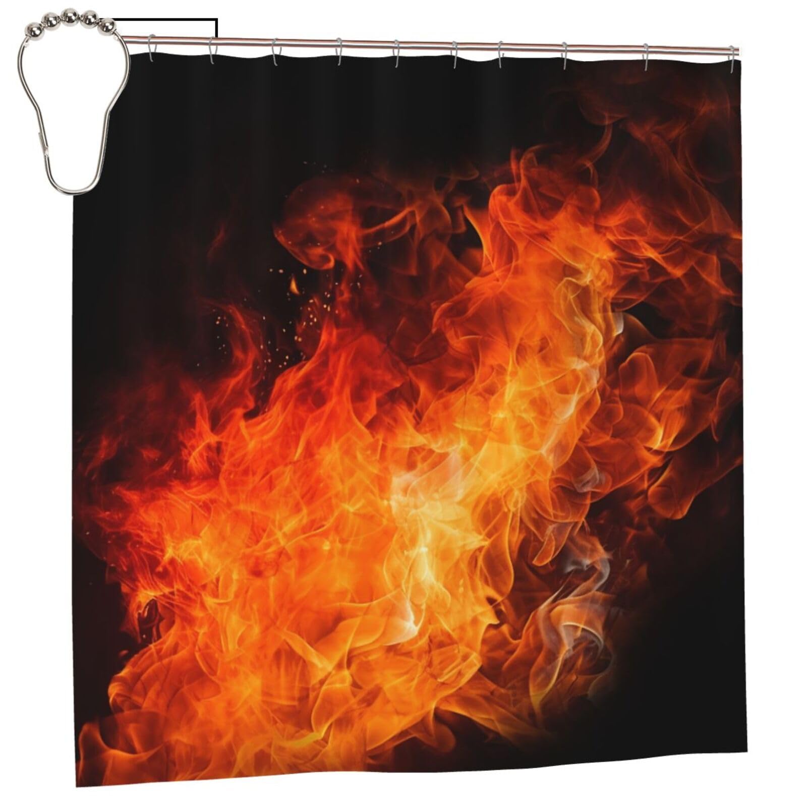 Rideau de douche imperméable et résistant motif flamme avec 12 crochets