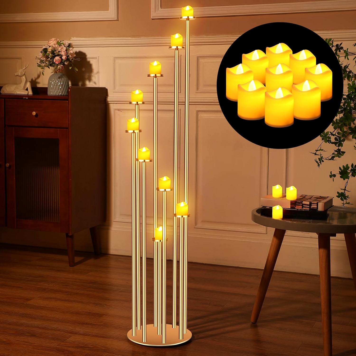 Tandefio Gold Floor Candelabra 9 Arm Pillar Candle Holder Metal 46.26 Inch Tall Candelabra with 12 Flameless Votive Candles Flickering Tall Candlestick Holder for Party Decorations