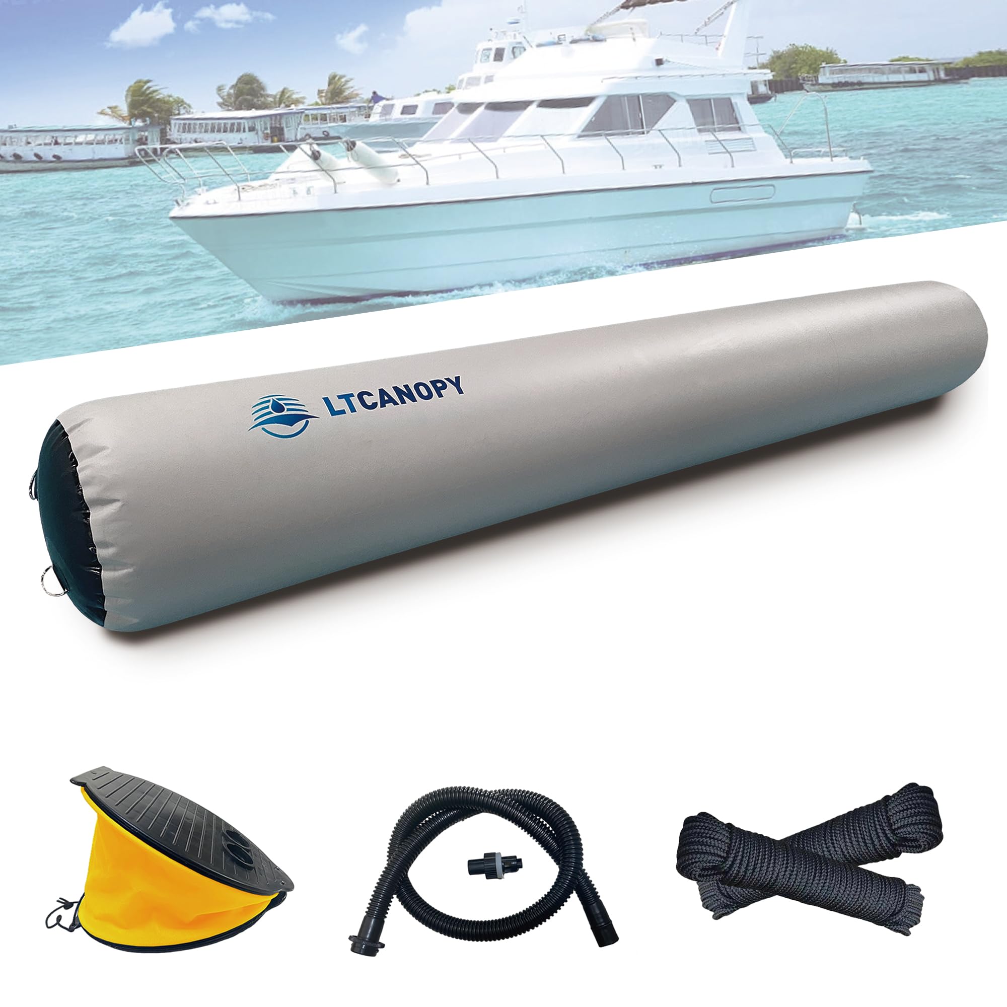 LTCANOPY Parabordo per Barca Gonfiabile, Parabordo per Barca Grigio 70x115 cm, Adatto per Ormeggio, Yacht, Molo per Barche A Vela, Dotato di Doppia Corda in Nylon 10m, Pompa A Pedale