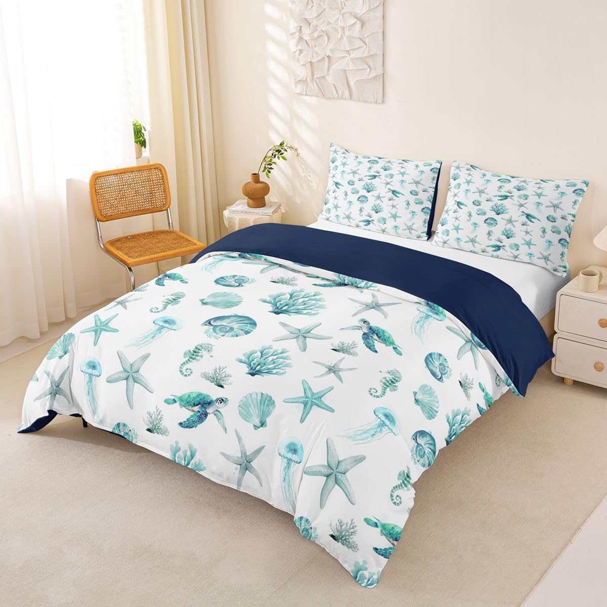 Homewish Set di biancheria da letto per letto super king size con stelle marine, conchiglie e trutoli, decorazione a tema creatura marina, per adulti, adolescenti, donne, foglia di tè, oceano, scena