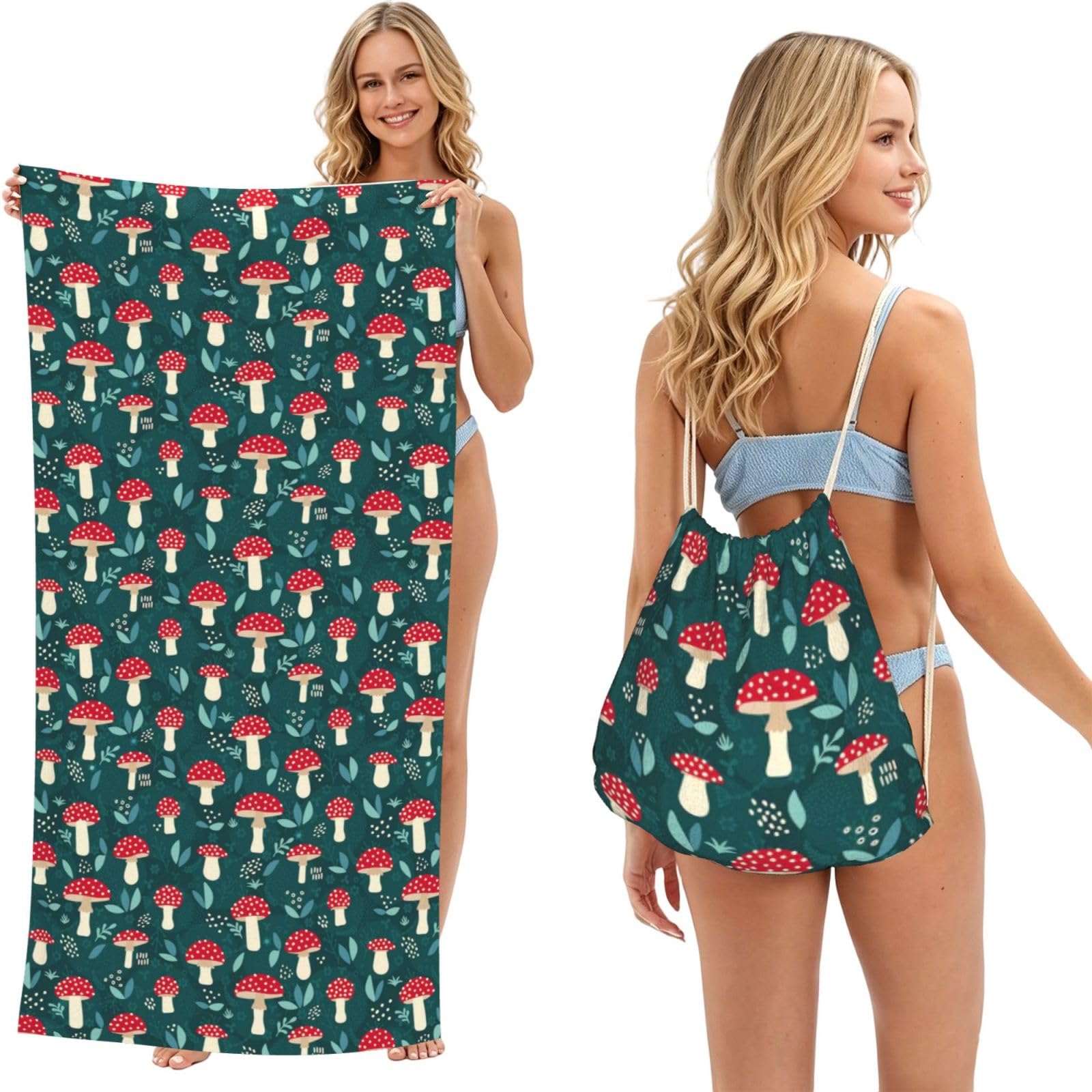 Poadnly As Picture Red Mushrooms, 2 In 1 Packable Towel Bag, Beach Towels With Drawstring Backpack For Travel Holiday Camping