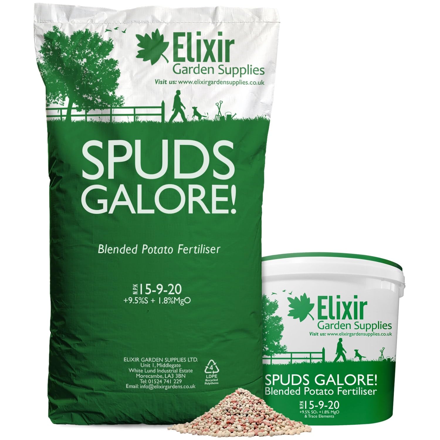 Elixir Gardens Spuds Galore Blended Potato Fertiliser/Plant Food | 15-9-20 +9.5% SO3 +1.8% MgO | 100g-25kg Available in Bag or Tub | Covers 280m² | 20kg Tub