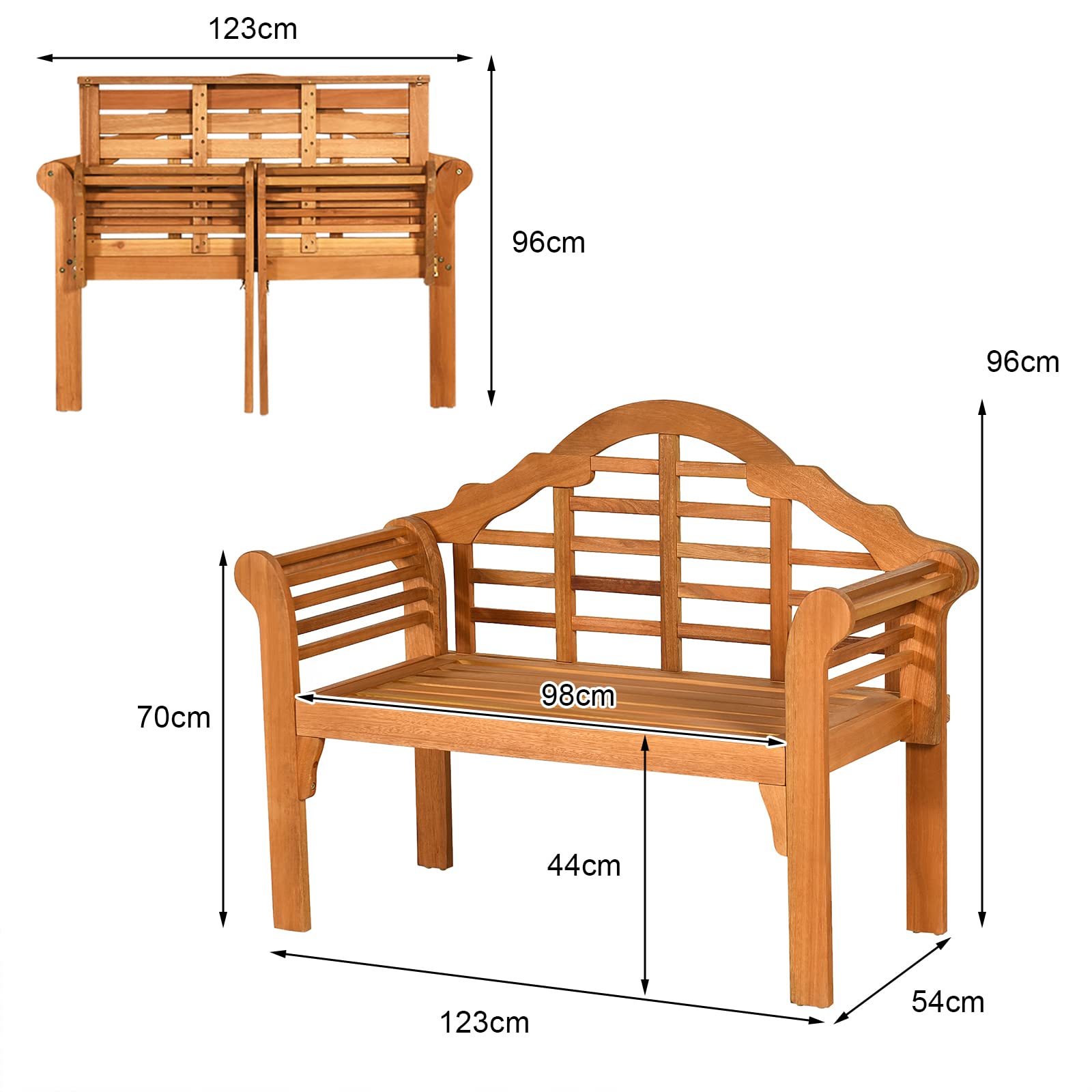 KOMFOTTEU Banc de Jardin 2 Places, Design Pliable, Banquette de Parc en Bois d'Acacia, Charge Maximum de 360 kg, Banc d’Extérieur, idéal pour Balcon, Terrasse, 123 x 54 x 96 cm, Naturel