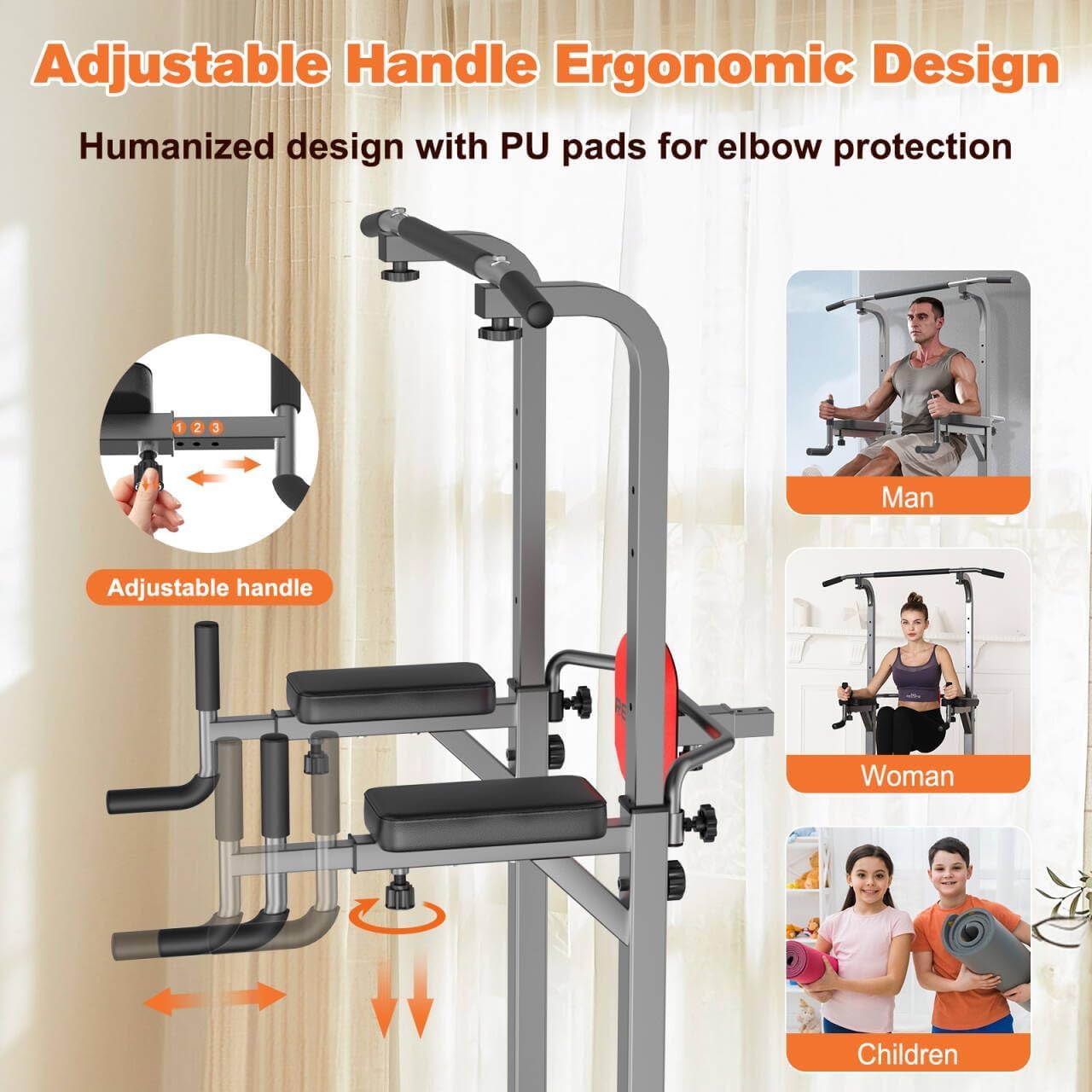 RELIFE REBUILD YOUR LIFE Power Tower Klimmzüge Dips Höhenverstellbares Multifunktions Fitnessgerät Zuhause Kraftstation Klimmzugstange Dip Station Liegestützgriffe (Grau)
