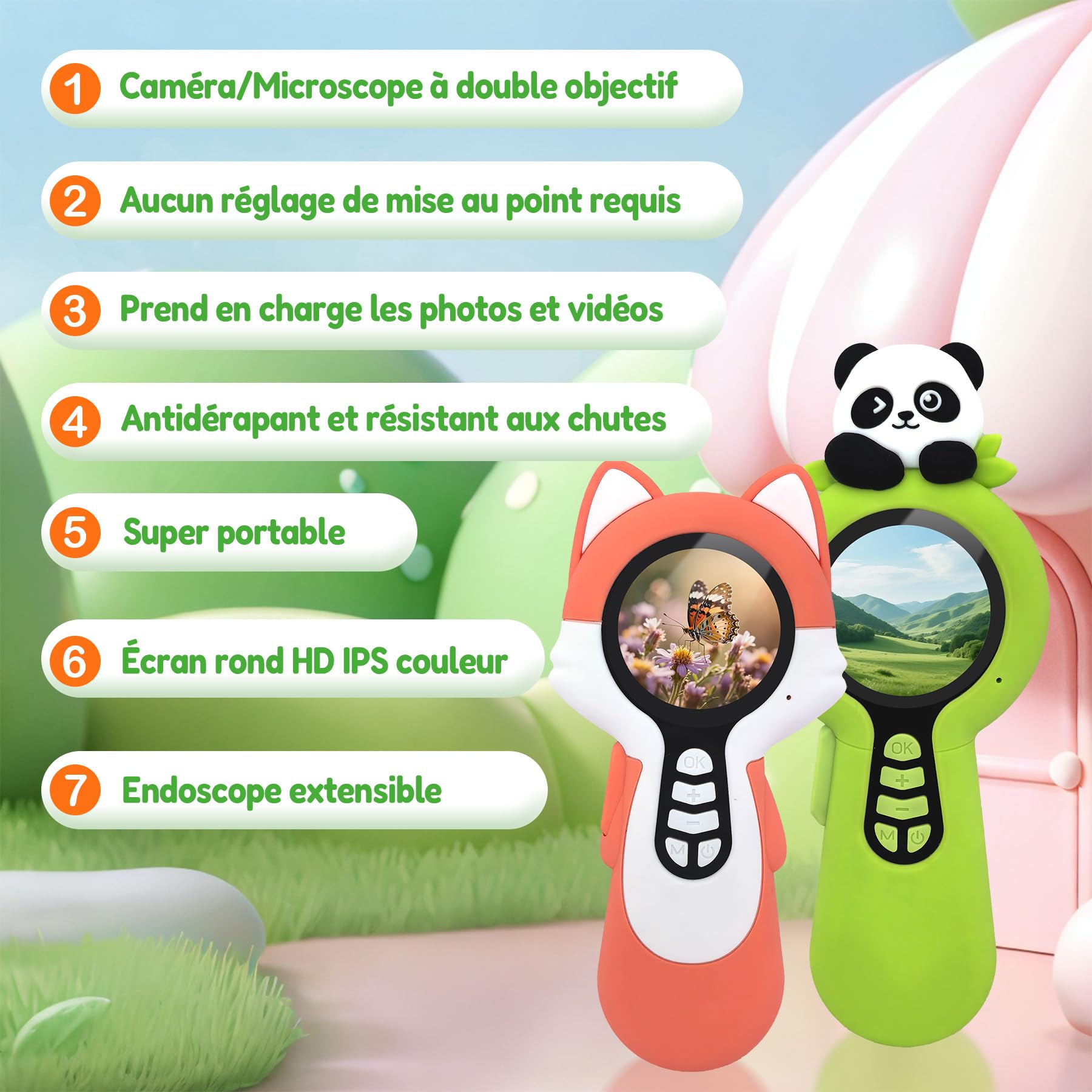 Microscope numérique 2 en 1 pour Enfants, Un Objectif Photo et Un Objectif de microscopique, Microscope Enfant 100X avec Carte mémoire 16GB, pour Petits explorateurs, Panda