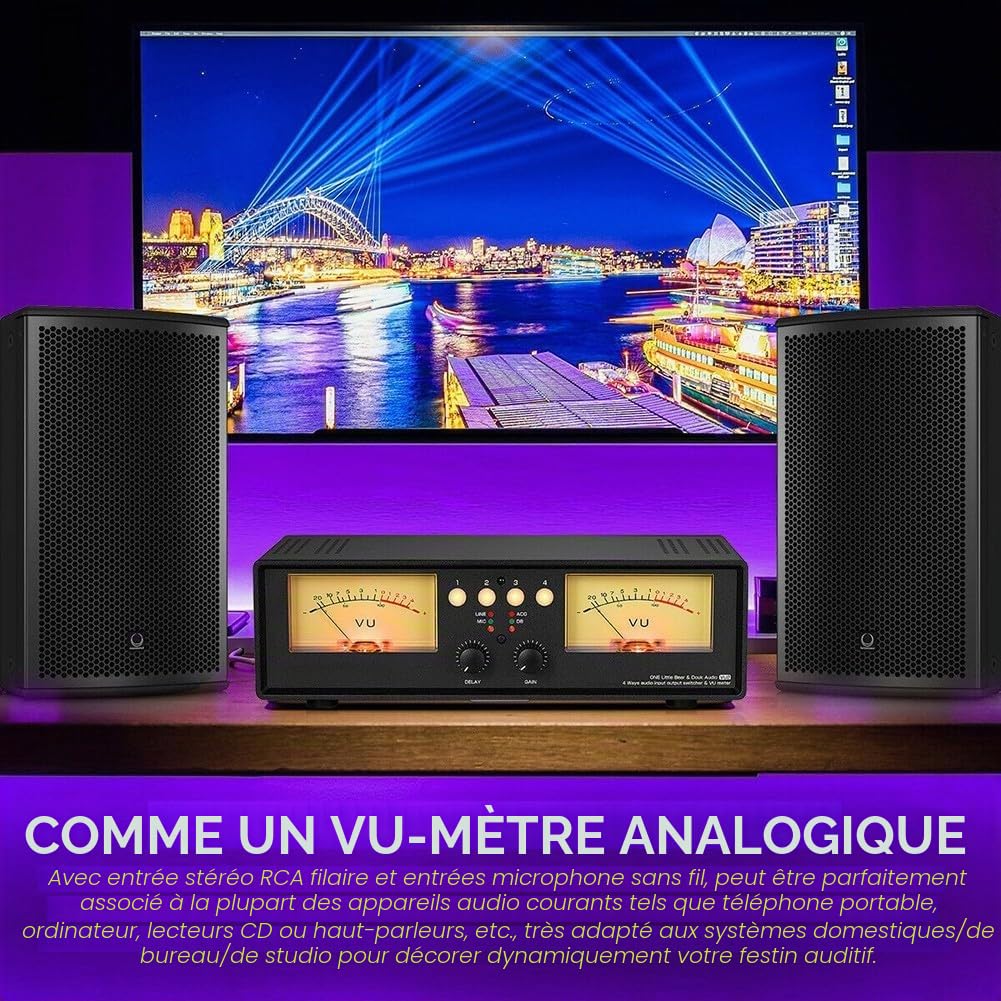 Distributeur audio 4 voies, micro + ligne analogique, double VU mètre, indicateur de niveau sonore, répartiteur audio (rétroéclairage bleu)