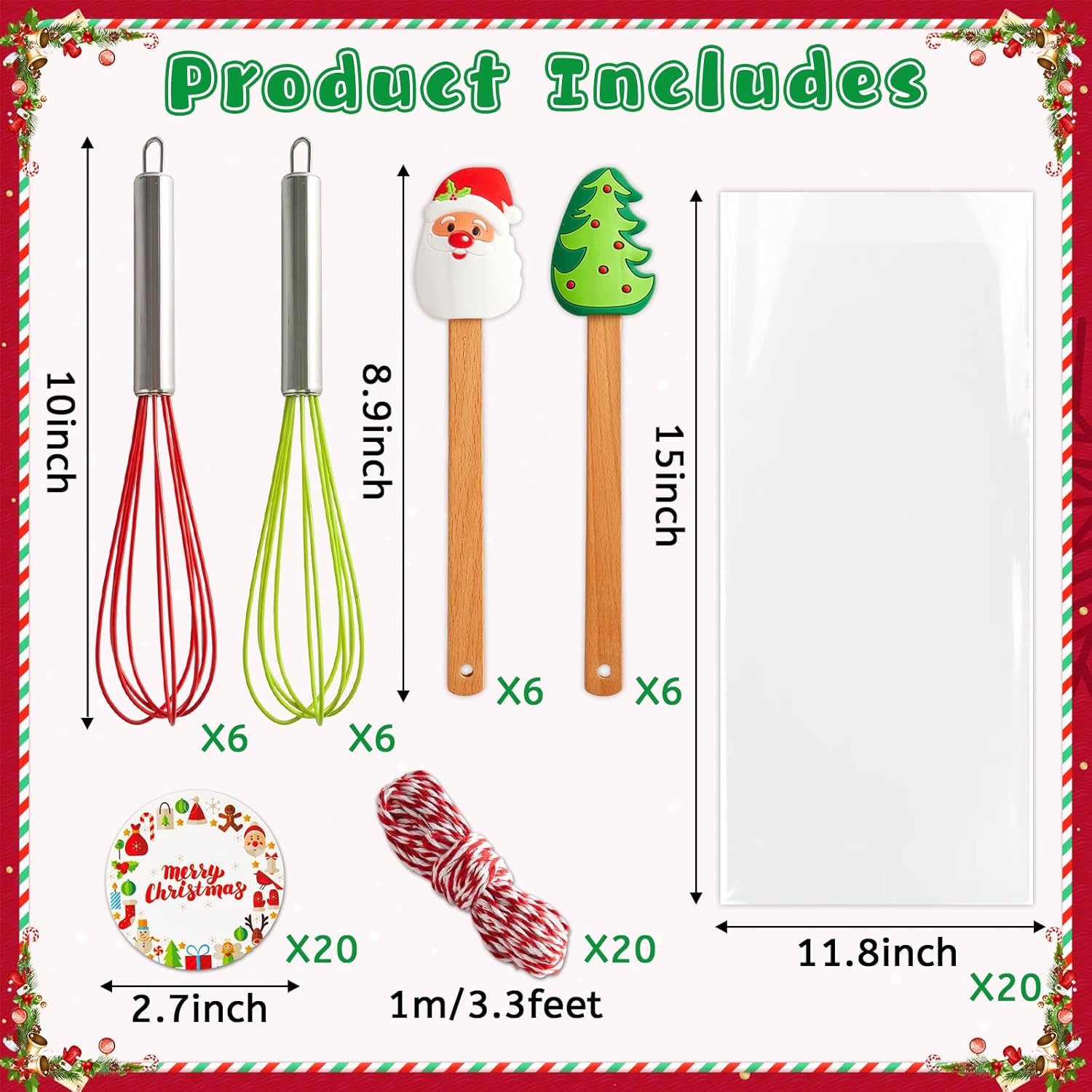 12 Sets Christmas Whisk Baking Supplies Gifts Sets Stainless Steel Whisk Silicone Spatula with Cards Ribbons Packing Bags Gift for Neighbor Employee Cooking Supplies Christmas Stocking Stuffers Ideas