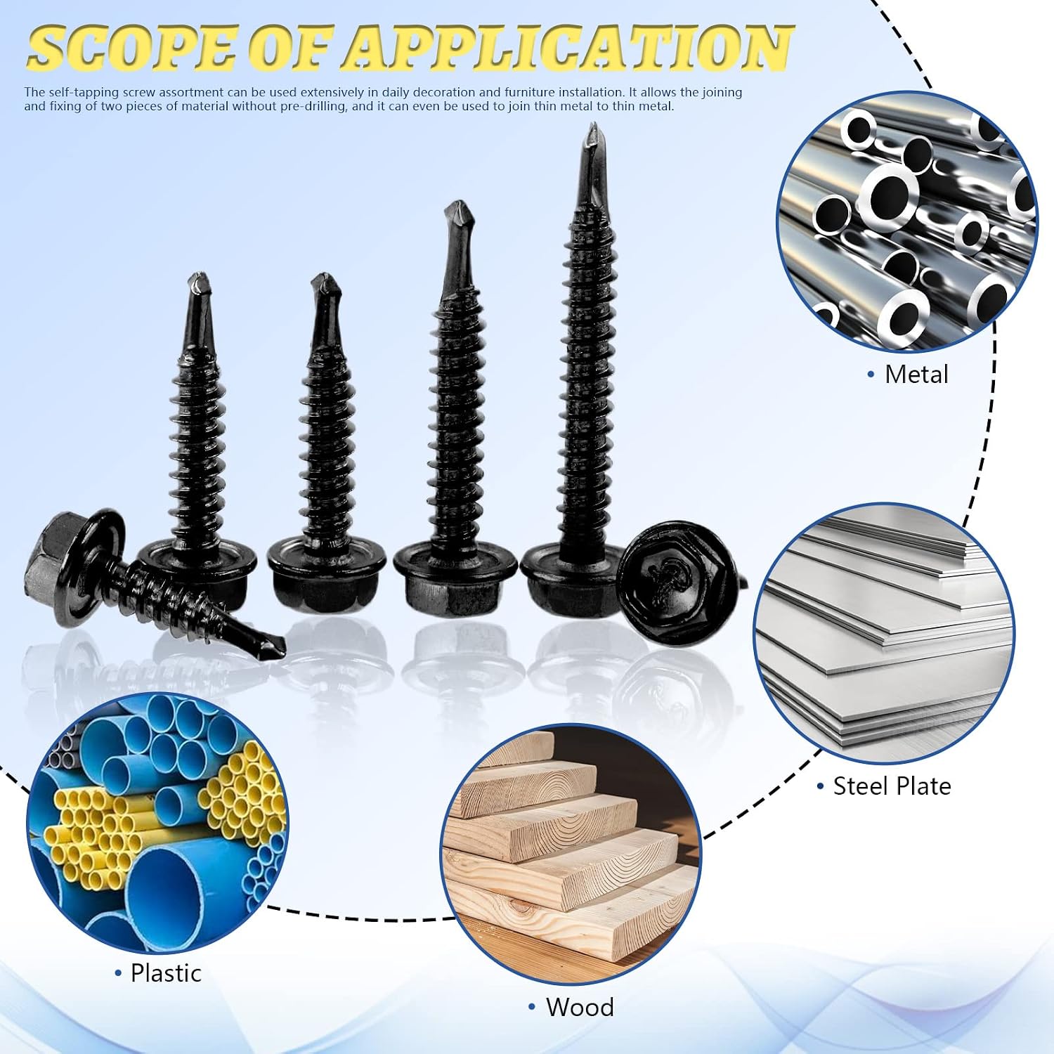 Glarks 165Pcs 410 Stainless Steel #12 Hex Washer Head Self Drilling Screws Assortment Kit 6 Size Black #12x5/8, #12x3/4, #12x1, #12x1-1/4, #12x1-1/2, #12x2 Sheet Metal Screws with Drill Point
