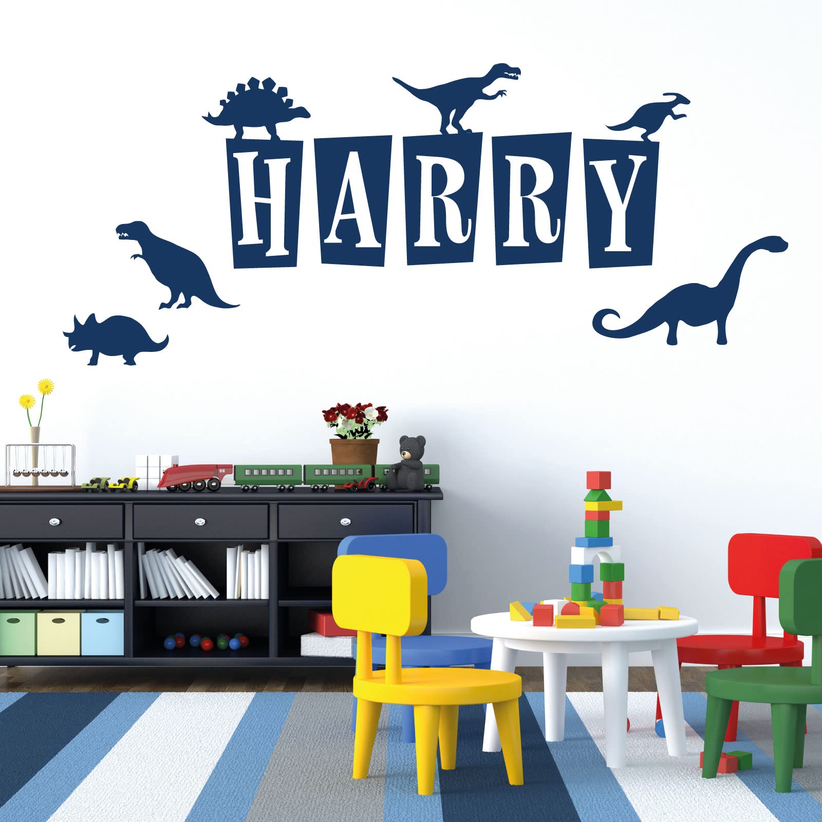 Personalised Name - Dinosaurs, T-Rex, Apatosaurus, Jurassic Era - Children's Bedroom Vinyl Wall Decal Sticker [Medium] [Ultramarine]