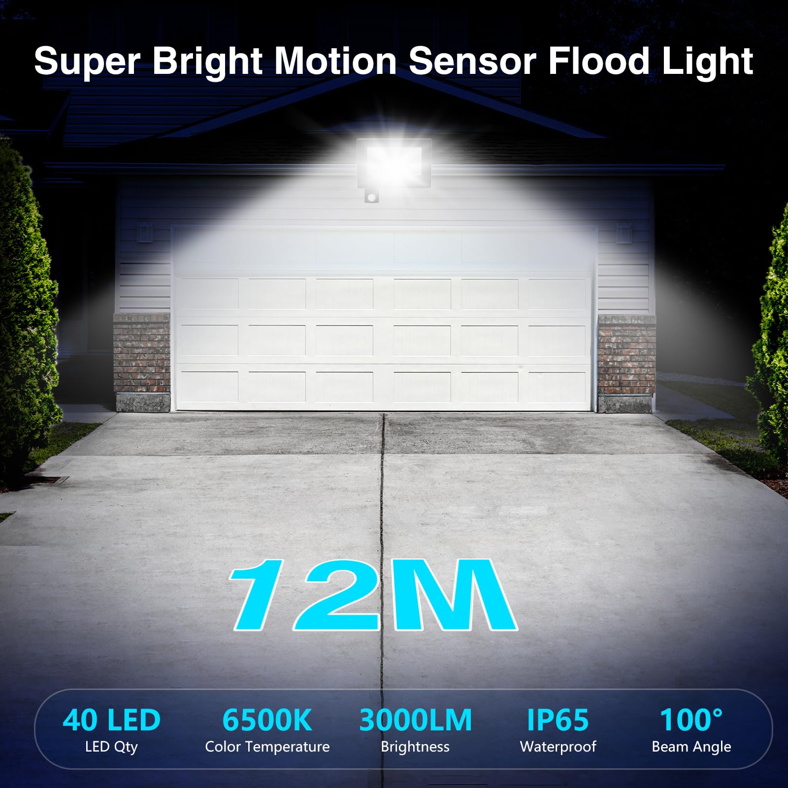 30W Fari Led da Esterno con Sensore di Movimento, IP65 Impermeabile Faretto Led Esterno 3000LM, 40LED 6500K Bianca Fredda - Fari Led Interna ed Esterna per Giardino Cortile Garage
