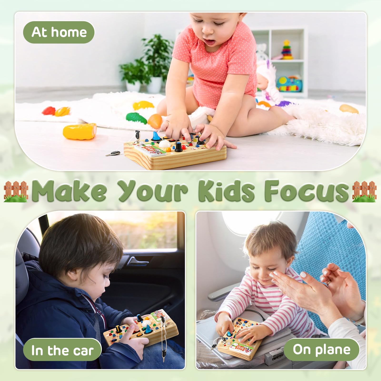 Joyreal Busy Board Montessori 1 2 Años, Tablero Juguetes Montessori Niños 1 2 3 Años, Juegos Educativos de Madera con 19 LED, Regalos Juguetes Sensoriales Bebe (Granja)
