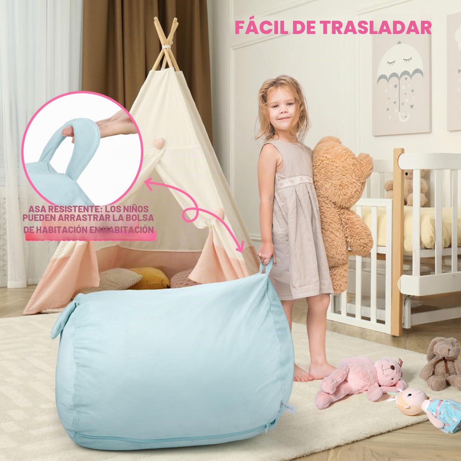GAGAKU Saco de Almacenamiento para Peluches Conejo Azul 200L Bolsa Puff Salon XXL para Juguetes Habitación Infantil Gran Saco Asiento Rellenable con Cremallera de para Organizador Peluches - Azul