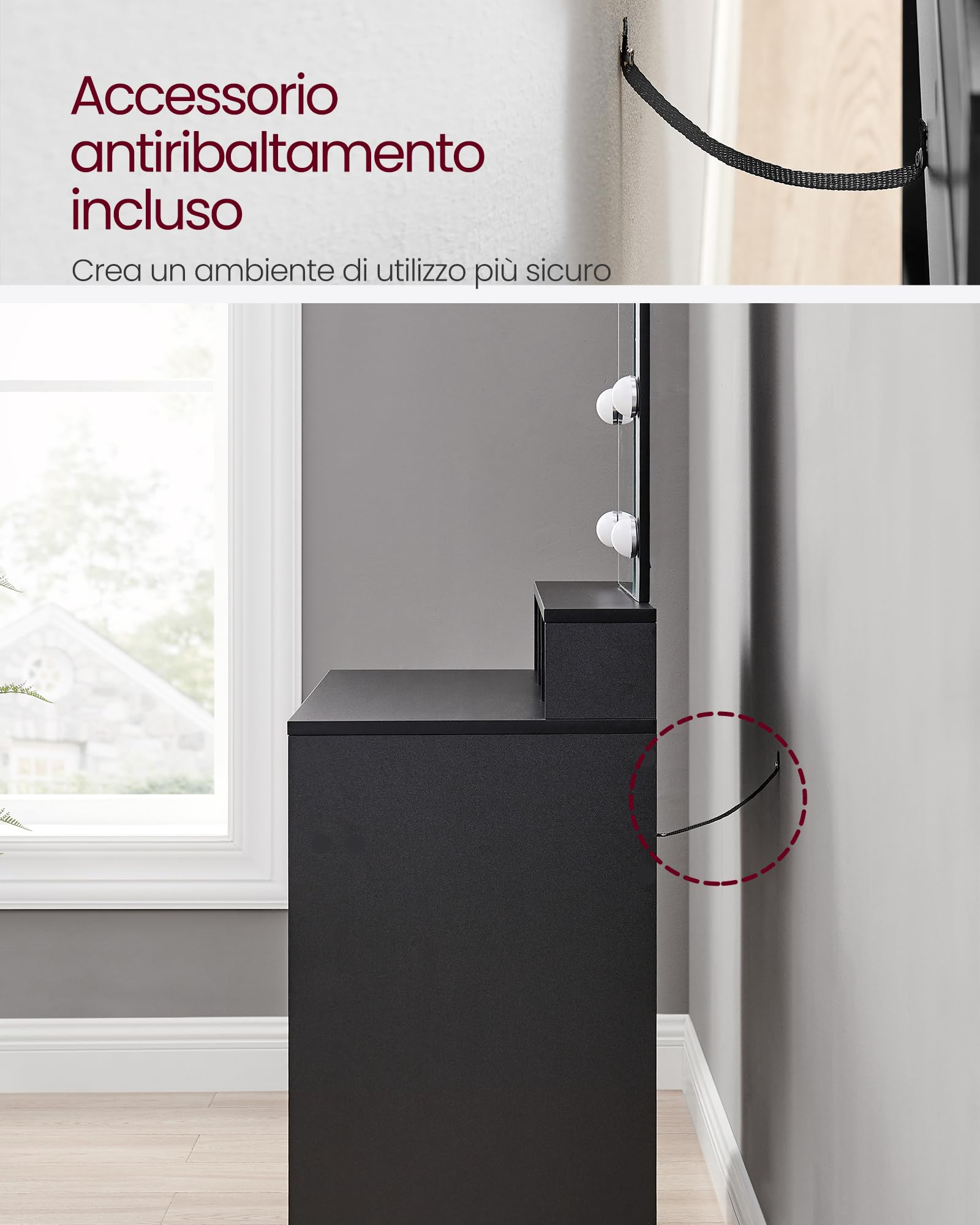 VASAGLE KAILYN Collezione - Toeletta, Luce LED con Luminosità Regolabile, Tavolo da Trucco con Specchio, 2 Cassetti e 3 Scomparti, Postazione Trucco, Moderno, Nero RDT114T16