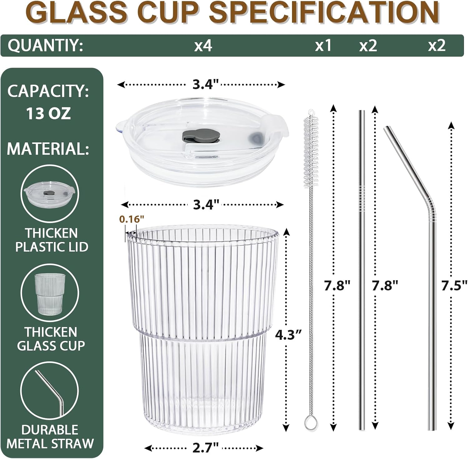 13 OZ Glass Cups with Lids and Straws, Iced Coffee Cups with Lids, Clear Ribbed Glassware for Coffee Smoothie Cocktail Ice Tea, Glass Tumbler with Straw and Lid, Set of 4