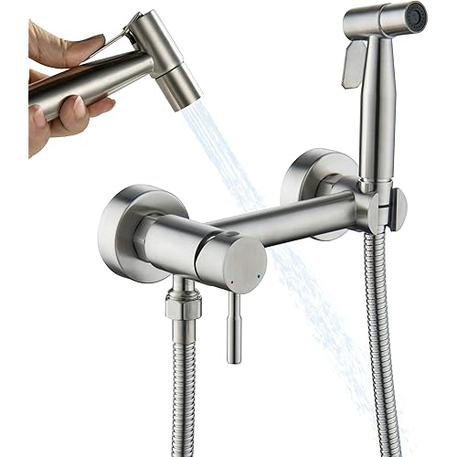 Warm Water Bidet Sprayer for Toilet with Hot and Cold Mixing Valve, Stainless Steel Wall Mount Round Handheld Bidet Attachment Set, Brush Nickel