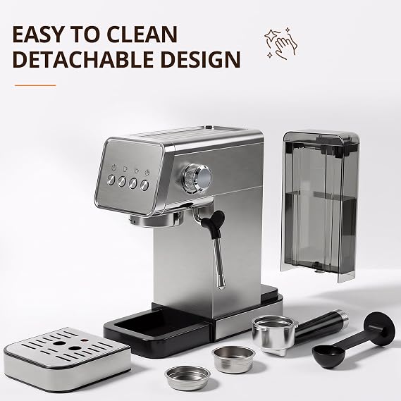 Compact Espresso Machine With Milk Frother, Espresso Machine With Milk Frother And Steamer, Stainless Steel Coffee And Espresso Machine For Latte And Cappuccino With Removable Water Tank Silver