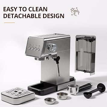 Compact Espresso Machine With Milk Frother, Espresso Machine With Milk Frother And Steamer, Stainless Steel Coffee And Espresso Machine For Latte And Cappuccino With Removable Water Tank Silver