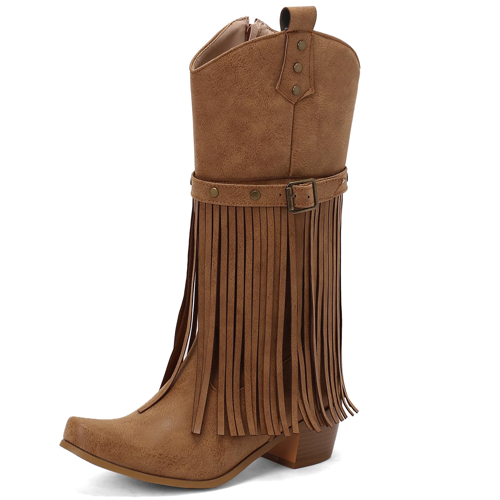 Mandiaupup Women's Metal Decoration Fringe Cowboy Western Knee High Boot