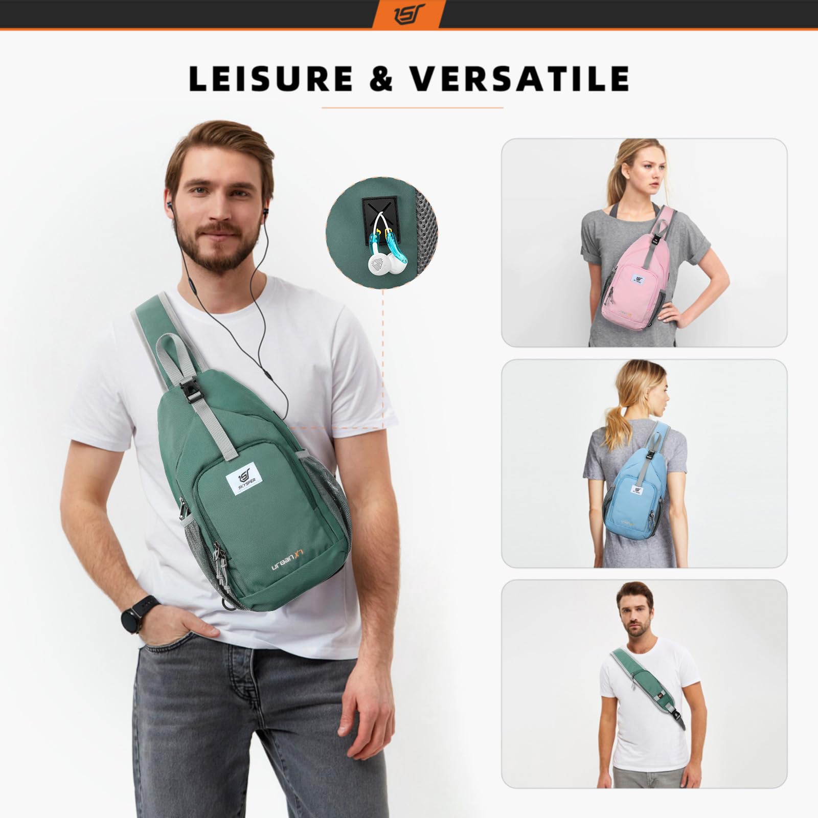 SKYSPER Borsa a tracolla con tecnologia RFID, zaino a tracolla da viaggio, escursionismo, per donne e uomini, Verde, Borsa a tracolla antifurto Rfid