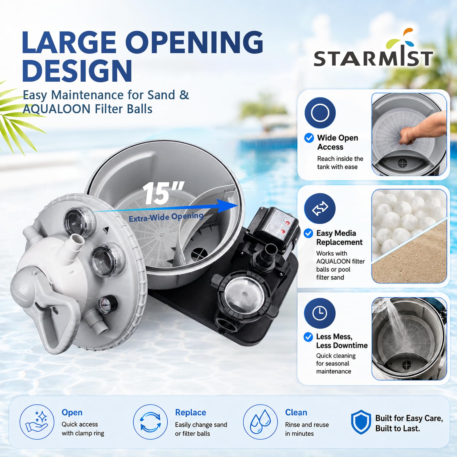 Pompa filtrante a sabbia per piscine fuori terra, filtro a sabbia per piscina da 15 pollici con sfere filtranti preriempite, pompa filtro 1/2HP, timer, cestello prefiltro, valvola a 7 vie - 2250 GPH