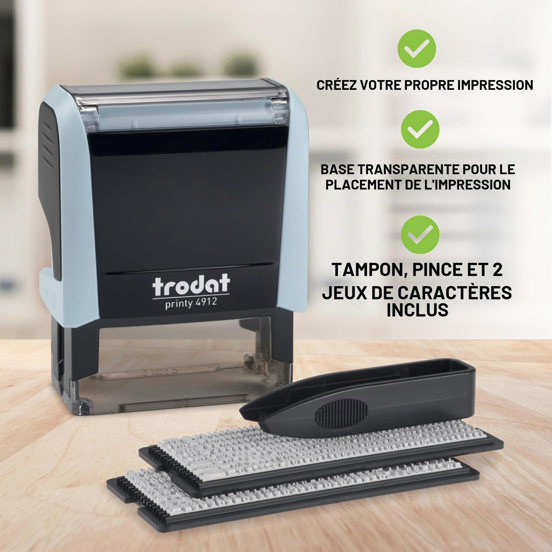 Trodat Printy Typomatic 4912T - Tampon Encreur Professionnel Automatique 4 lignes - Empreinte 47 x 18 mm À Composer Soi-Même (Bleu Pastel)