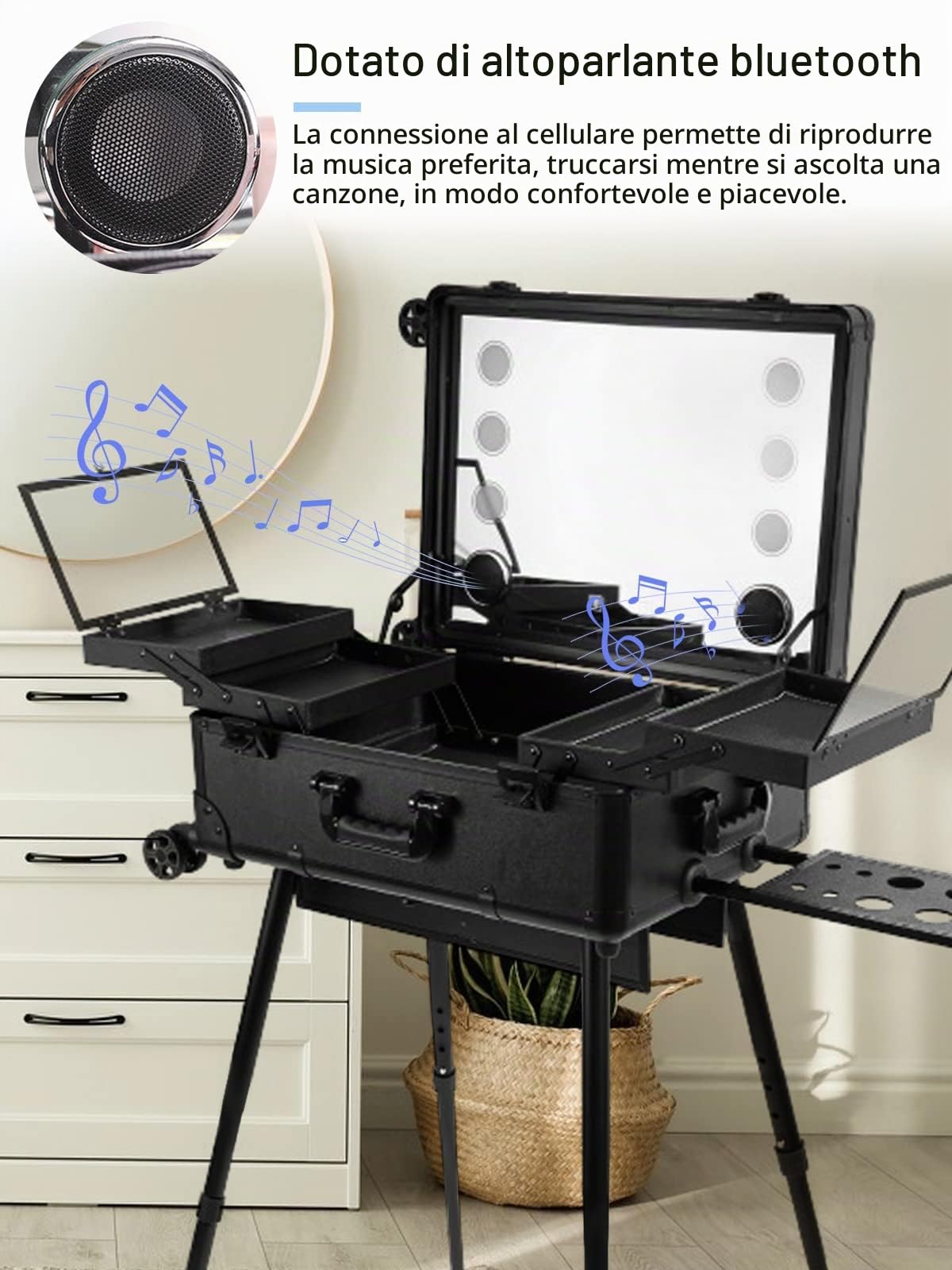 EBANKU Valigia da Trucco Professionale, Parrucchiere Bellezza Compongono Trolley Cosmetici Organizzatore con LED Lighted Mirror Bluetooth, Beauty Trolley da Viaggio per Trucchi (Nero)