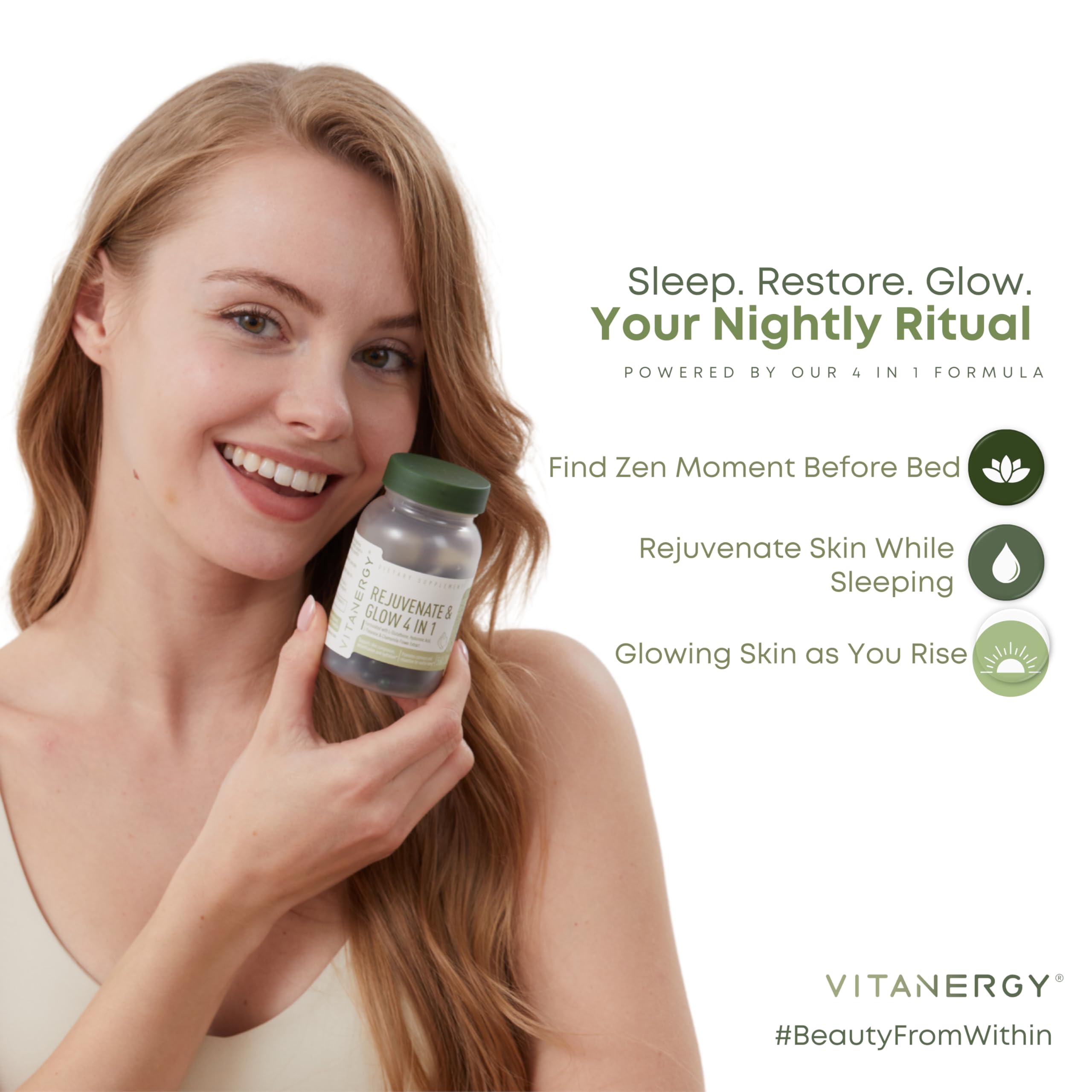 Vitanergy Beauty Sleep & Skin Glow, Glutathione L-Theanine, 56 Capsules