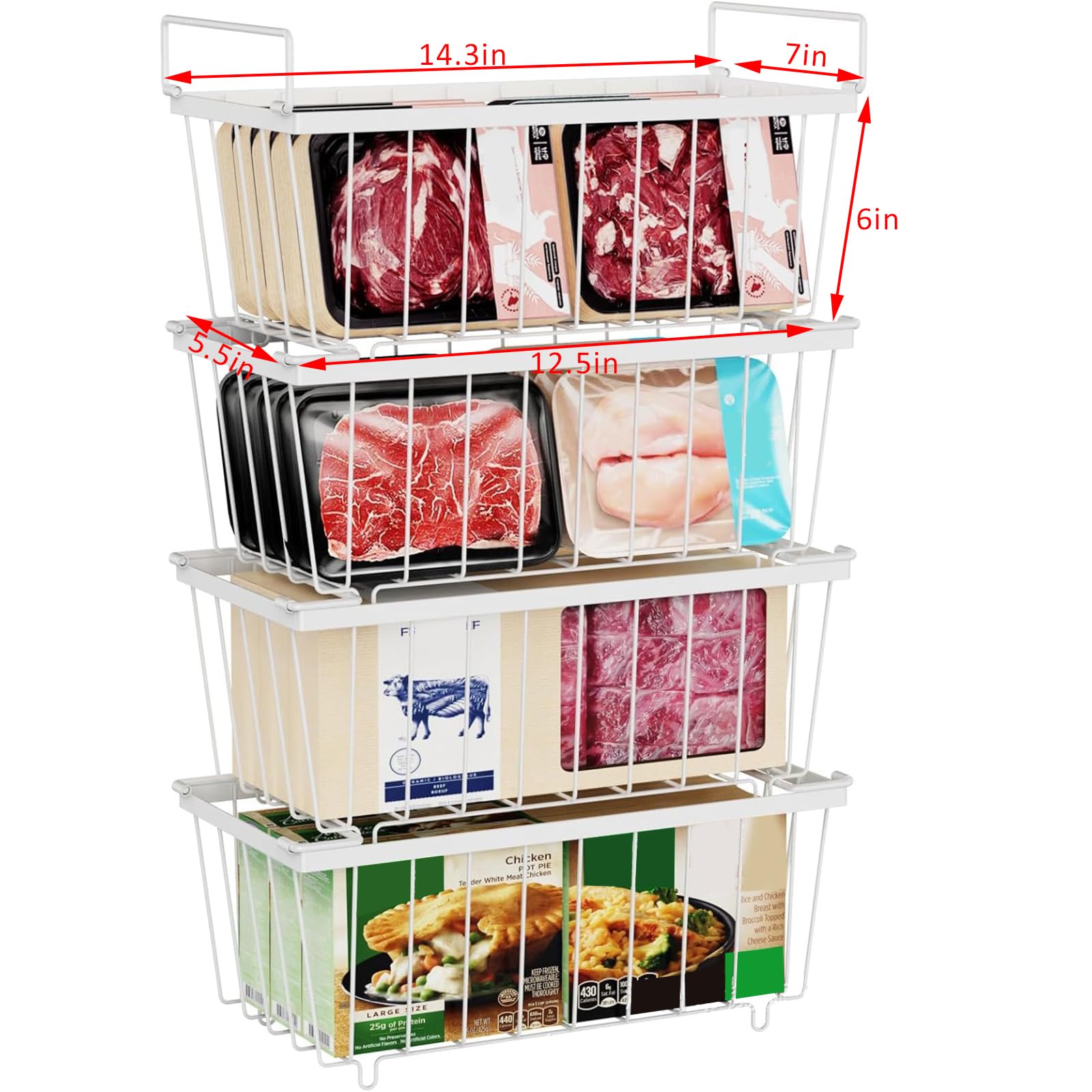Canastas apilables para congelador, paquete de 4 cajas de almacenamiento apilables con asas para colgar en el refrigerador, estante de almacenamiento para helado, fácil de ordenar y obtener alimentos