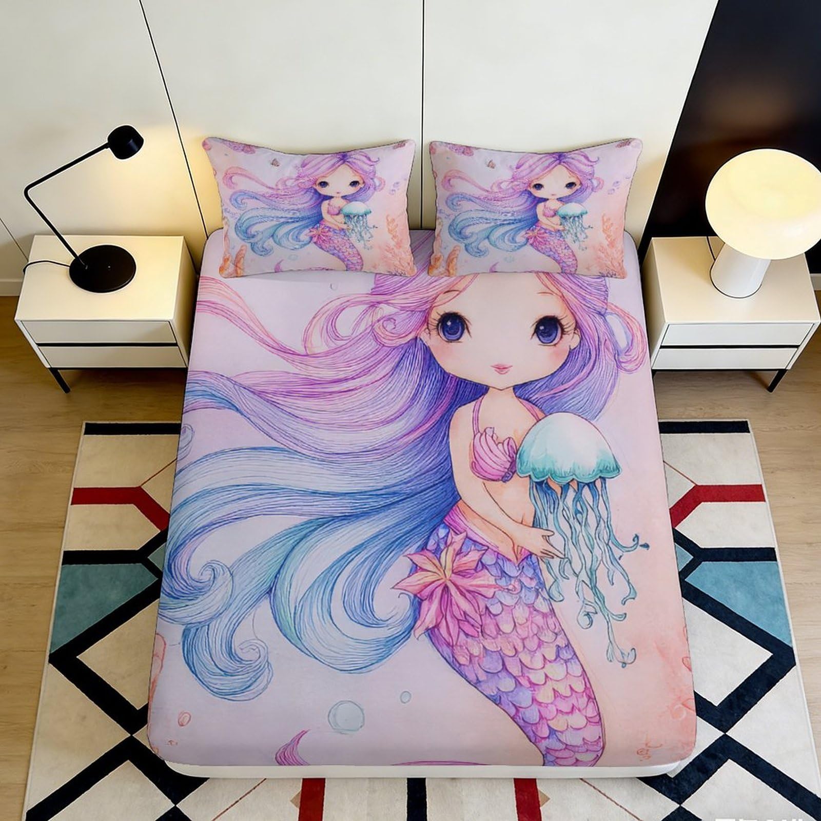 3D Printed Fantasy Mermaid Fitted Sheet Microfiber Soft Pink Purple Ocean Jellyfish Mattress Cover for Bedroom Guest Room Decor 90x200x25cm