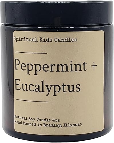 Peppermint & Eucalyptus Soy Candle 4oz 20-25 Hours Hand Poured with All Natural Soy Wax and FragrantEssential Oils!  Herbal Candle  Birthday Gift (1