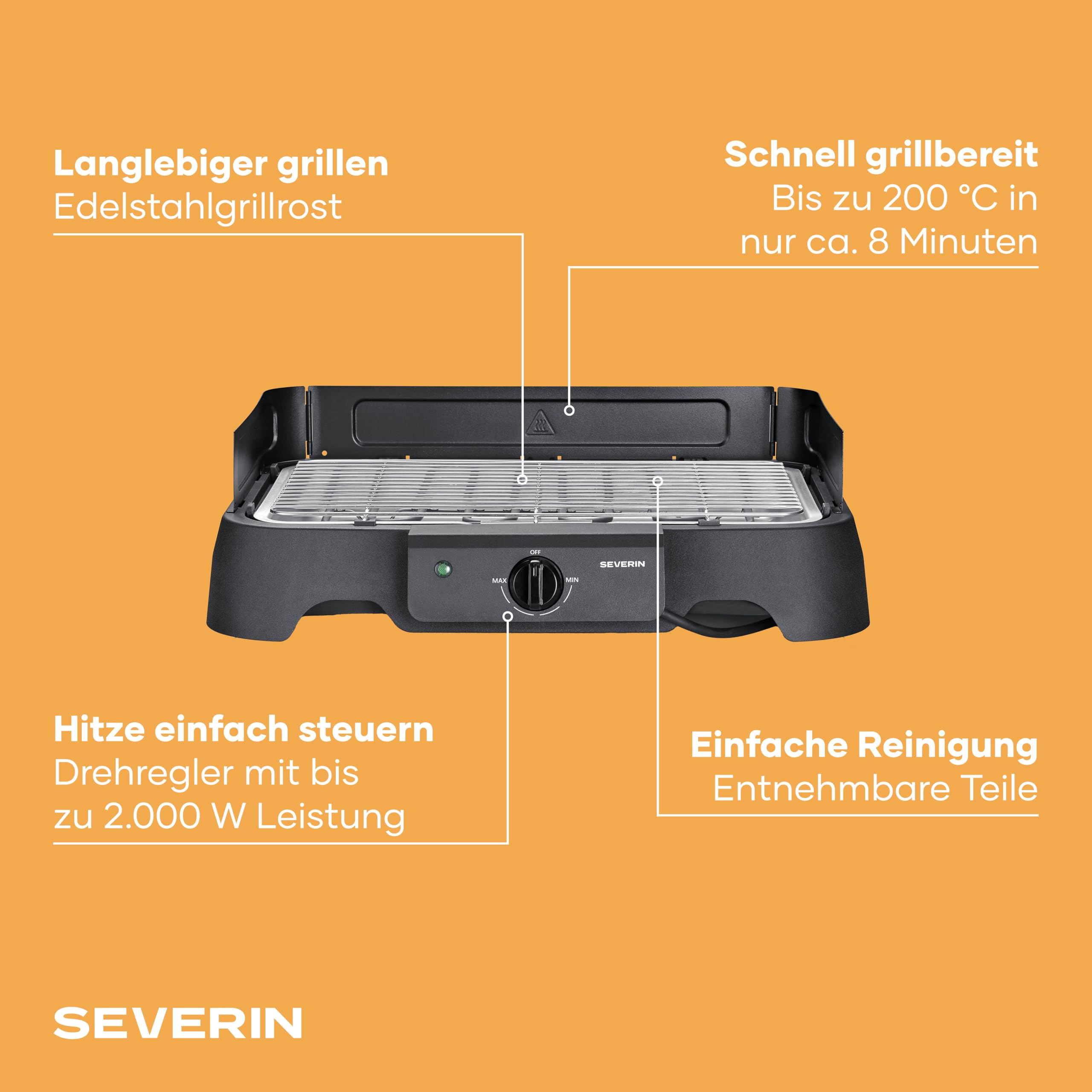 Severin Tischgrill 2000W 38x22 cm Edelstahl-Grillrost 35-200°C schwarz
