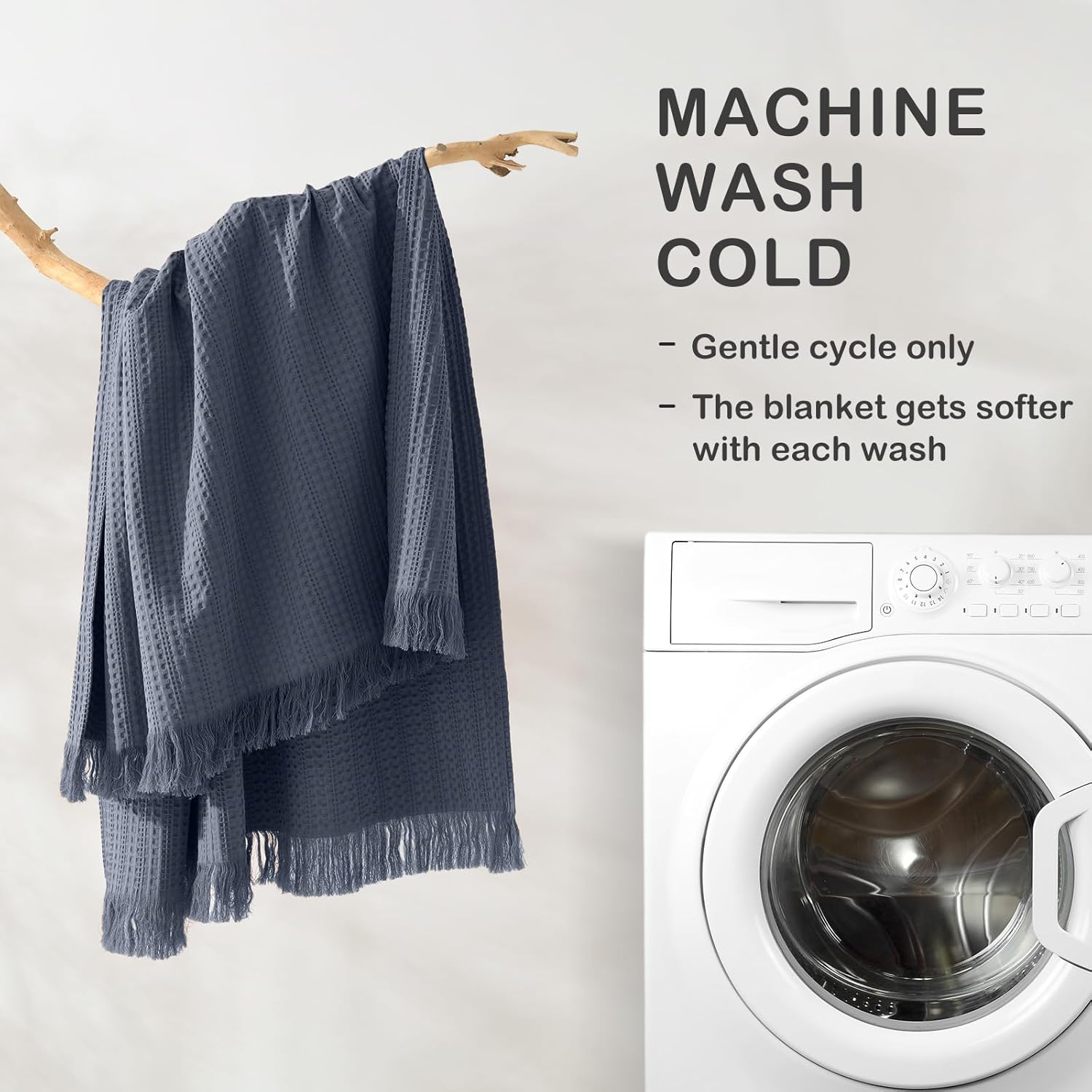 100% Cotton Waffle King Blanket with Fringe 104"x90", Pre-Washed Waffle Weave Blanket for All Season, Lightweight Breathable Soft Cozy Throw Blanket for Couch, Bed, Travel (Blue)