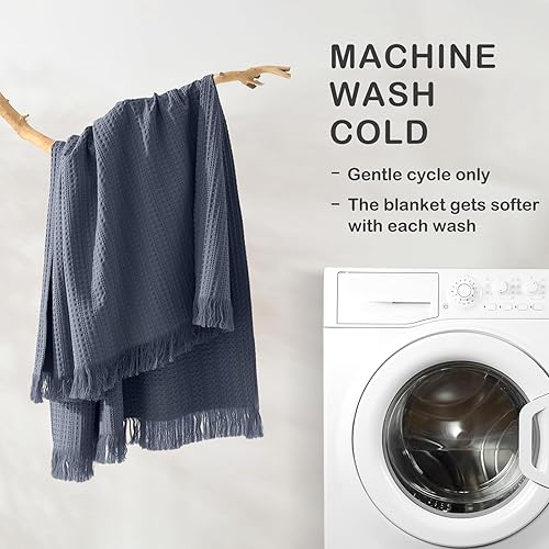 Miniatura 5 de Manta Queen de 100 % algodón con flecos, 90 x 90 pulgadas, manta de tejido de gofre prelavada para todas las estaciones, ligera, transpirable, suave